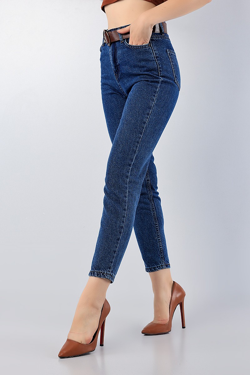 Lacivert Kemerli Mom Bayan Kot Pantolon 79692