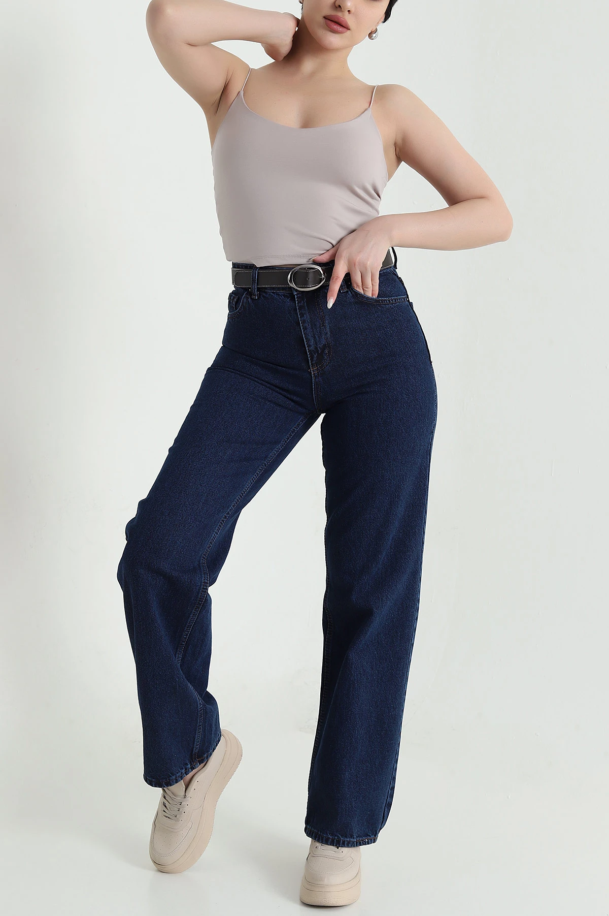Lacivert Kemerli Palazzo Kadın Kot Pantolon 449762