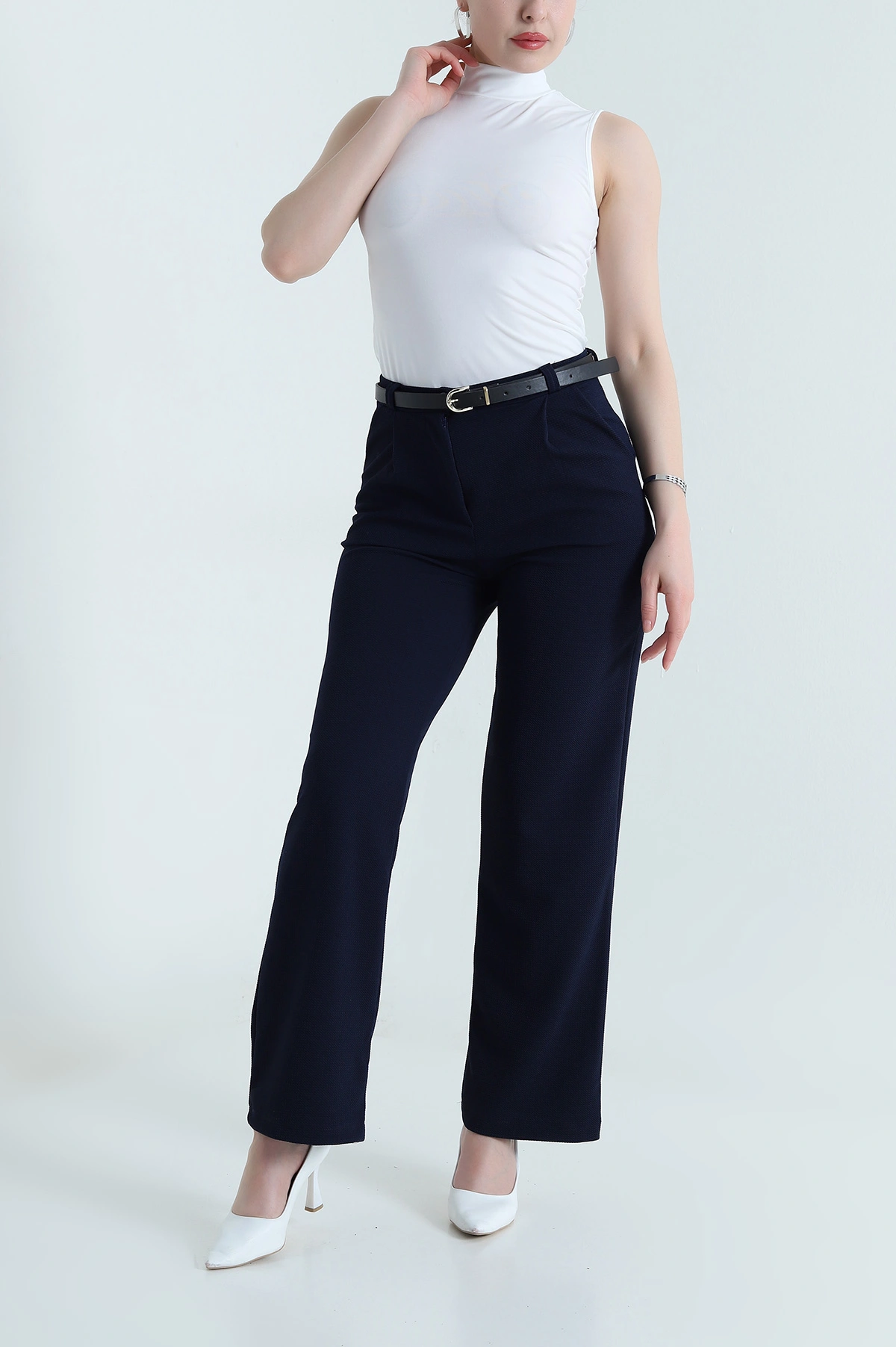 Lacivert Kemerli Palazzo Kadın Pantolon 461576