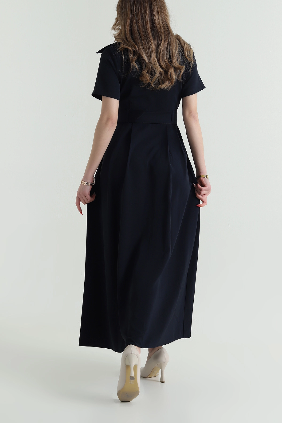 Lacivert Kemerli Twill Kumaş kadın Elbise 425603