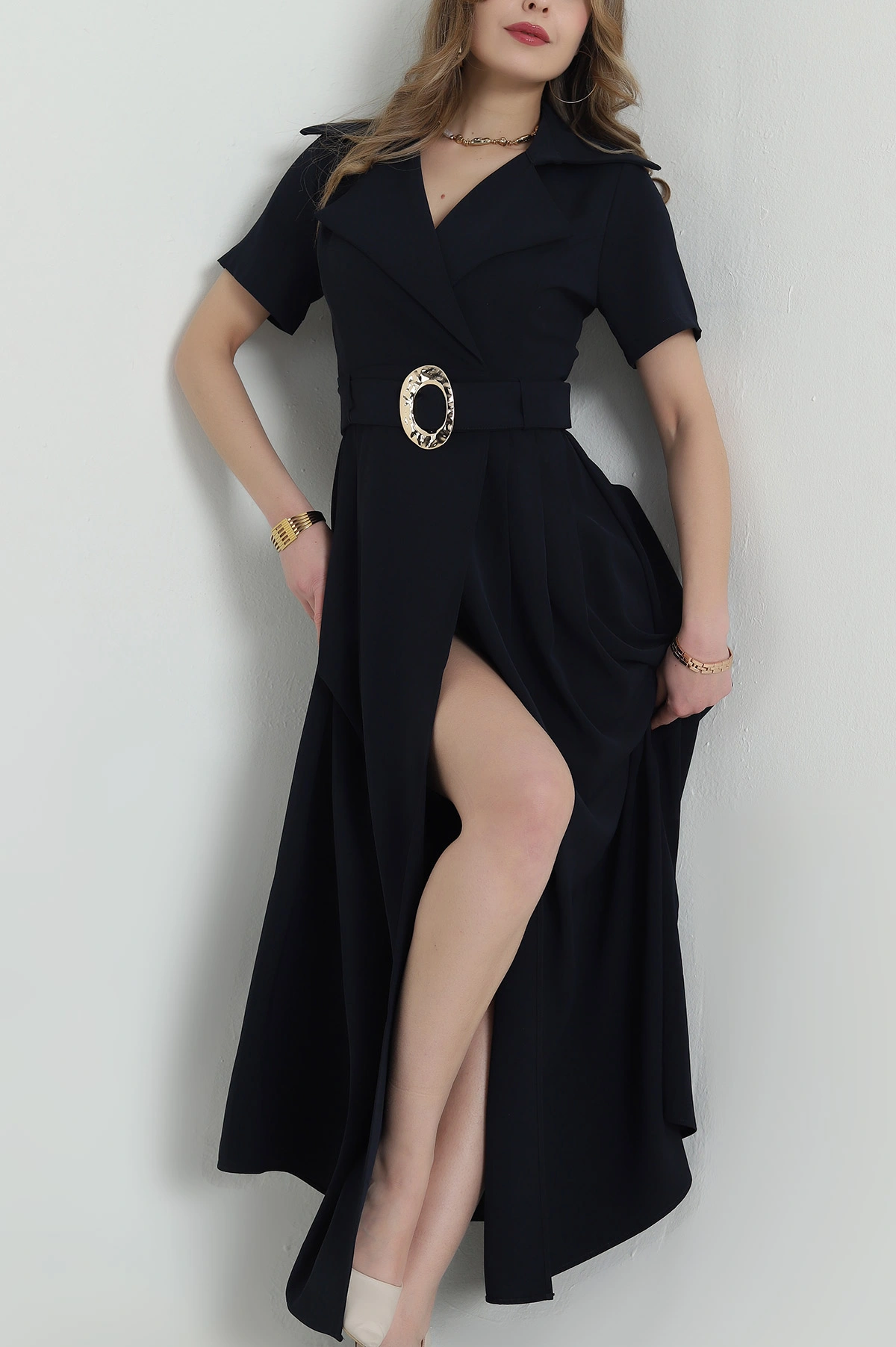 Lacivert Kemerli Twill Kumaş kadın Elbise 425603