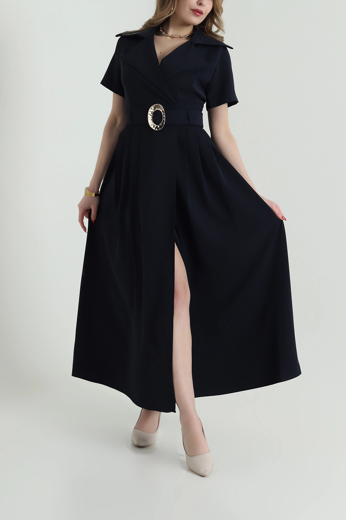 Lacivert Kemerli Twill Kumaş kadın Elbise 425603