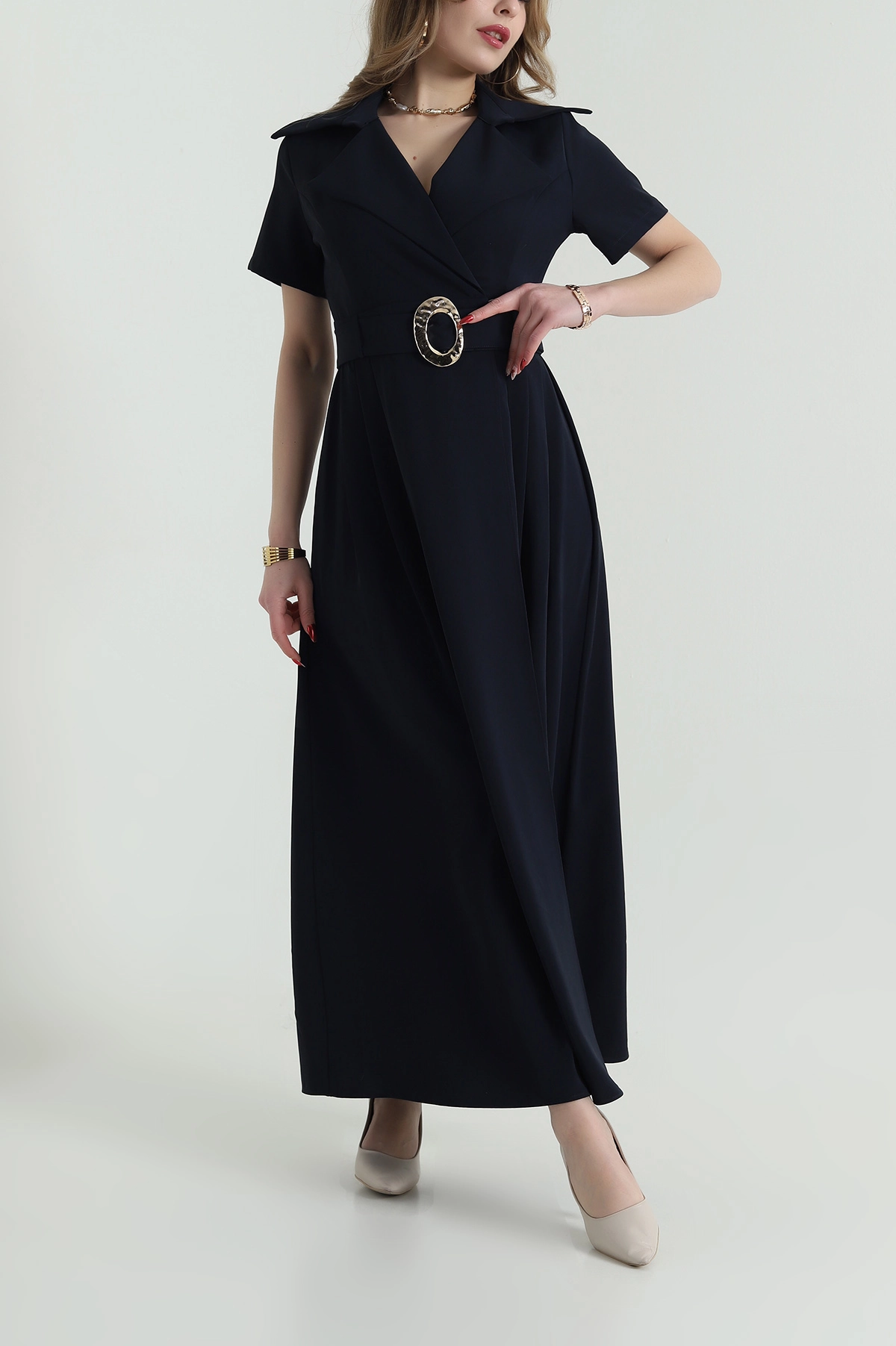 Lacivert Kemerli Twill Kumaş kadın Elbise 425603