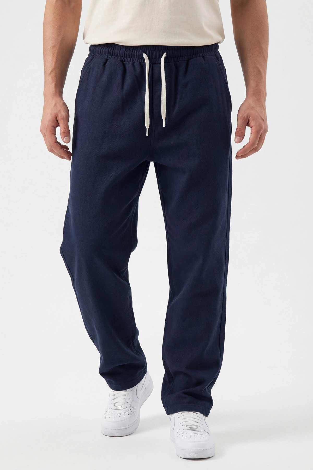 Lacivert Keten Baggy Belden Bağlamalı Erkek Pantolon 442754
