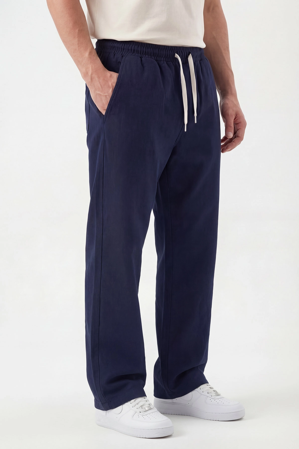 Lacivert Keten Baggy Belden Bağlamalı Erkek Pantolon 442754