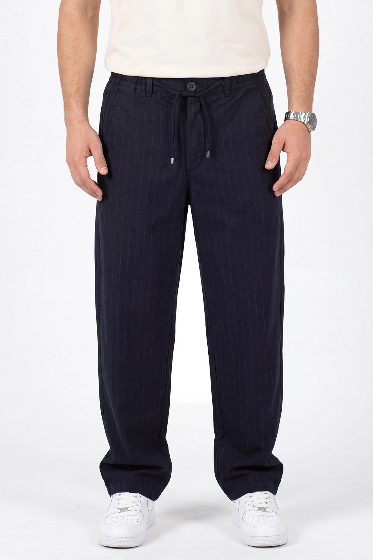 Lacivert Keten Baggy Çizgi Detaylı Belden Bağlamalı Erkek Pantolon 466690