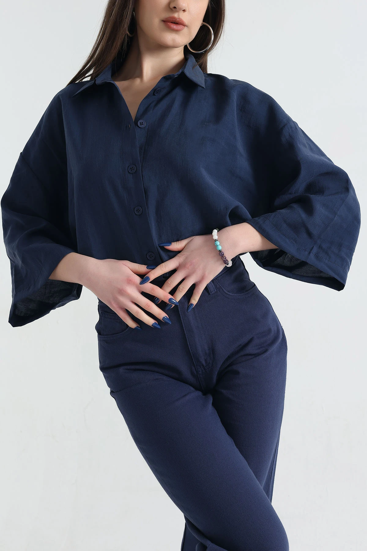 Lacivert Kısa Kol Tencel Oversize Bayan Gömlek 337588