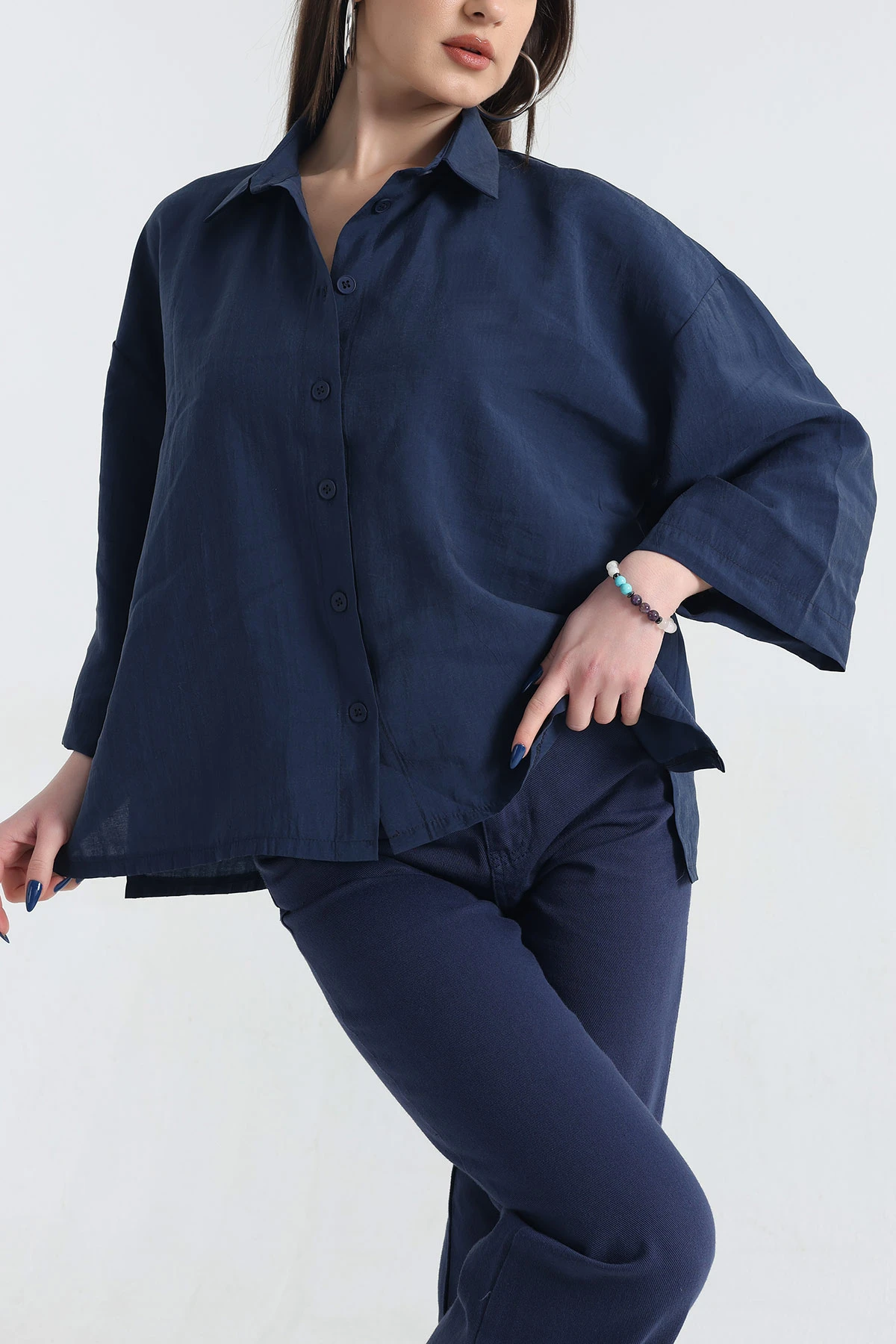 Lacivert Kısa Kol Tencel Oversize Bayan Gömlek 337588