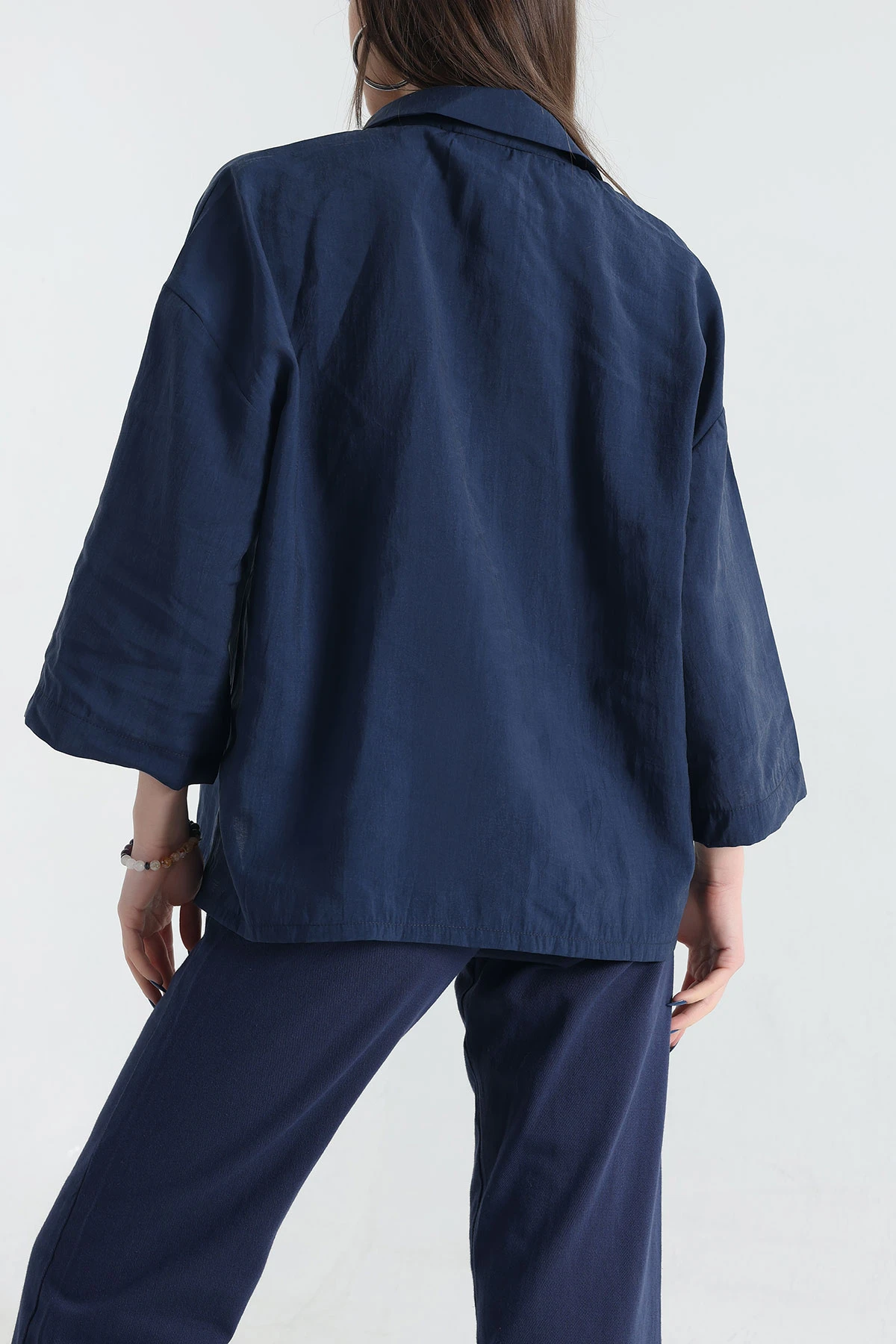 Lacivert Kısa Kol Tencel Oversize Bayan Gömlek 337588