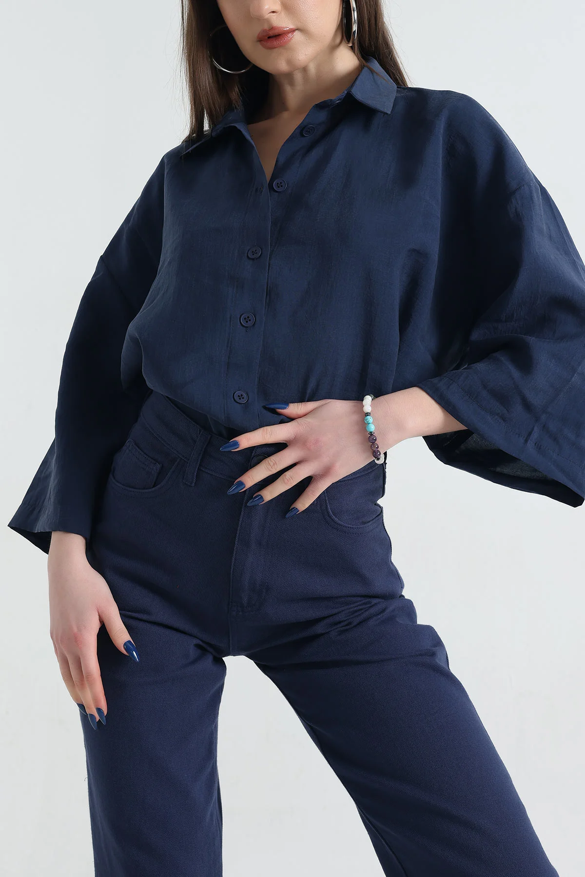 Lacivert Kısa Kol Tencel Oversize Bayan Gömlek 337588