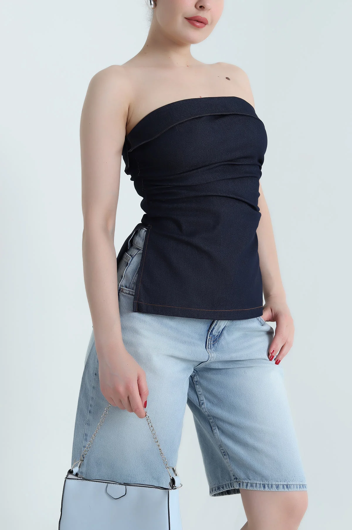 Lacivert Kot Straplez Kadın Bluz 467708
