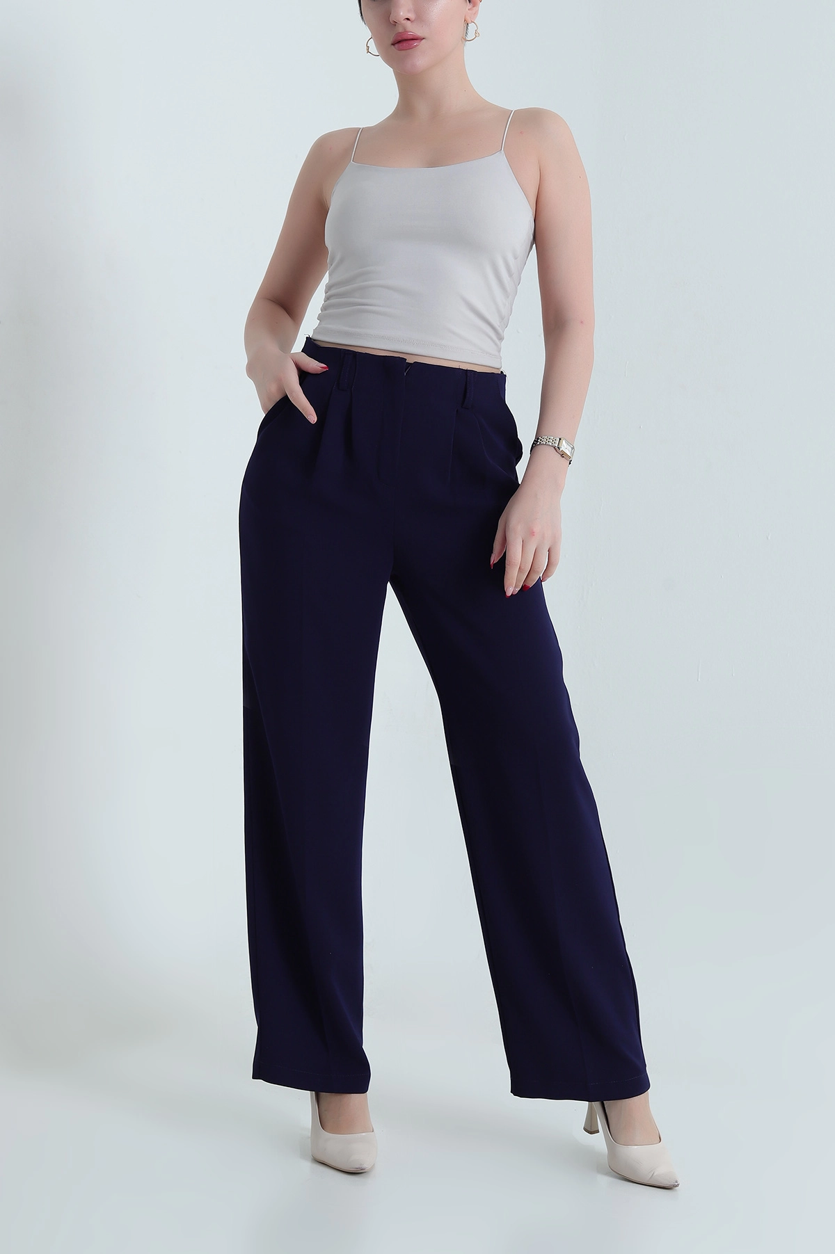 Lacivert Krep Tencel Fermuarlı Cepli Kadın Pantolon 438806