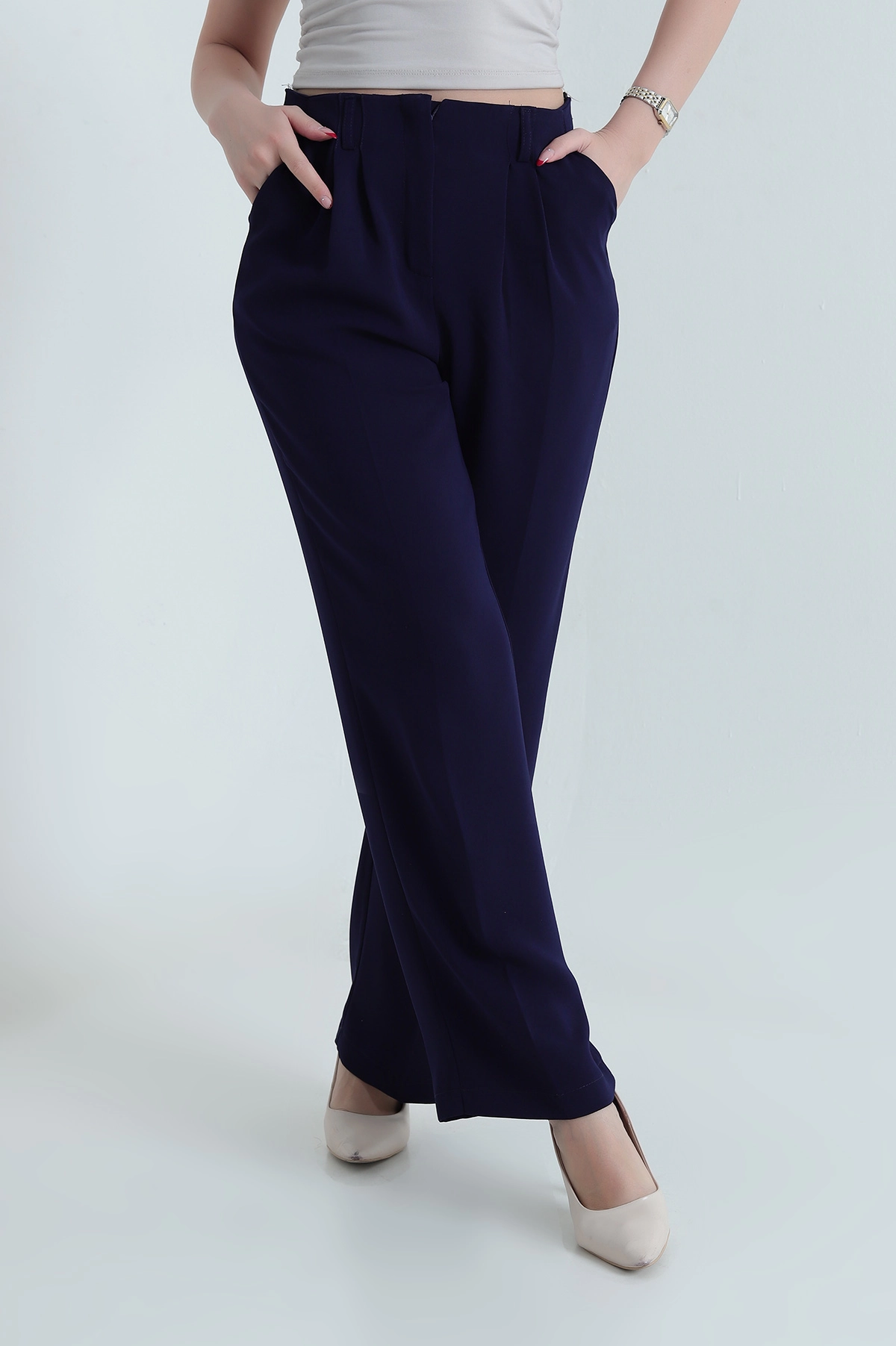 Lacivert Krep Tencel Fermuarlı Cepli Kadın Pantolon 438806