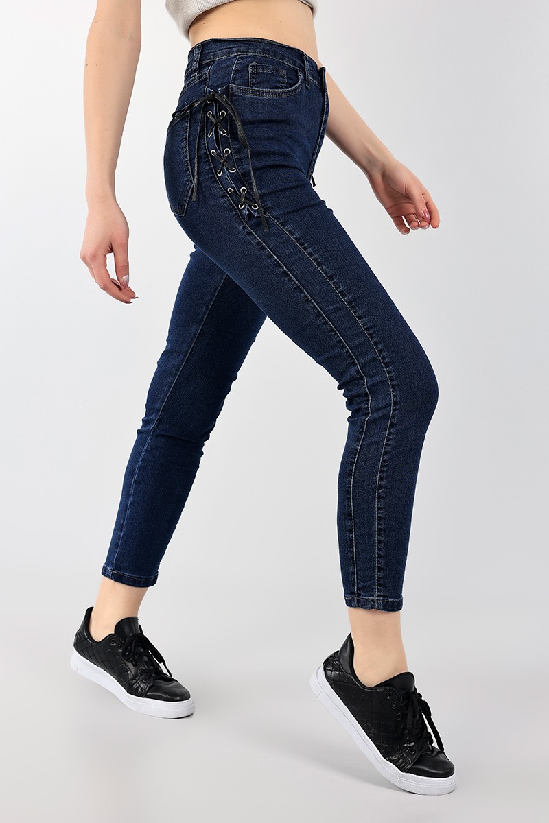 Lacivert Kuş Gözü Bağcıklı Kot Pantolon 99768