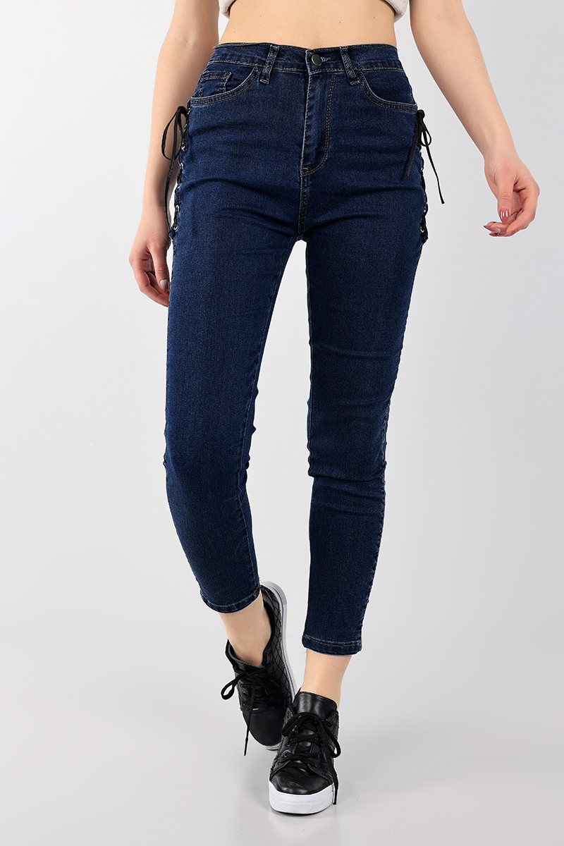 Lacivert Kuş Gözü Bağcıklı Kot Pantolon 99768