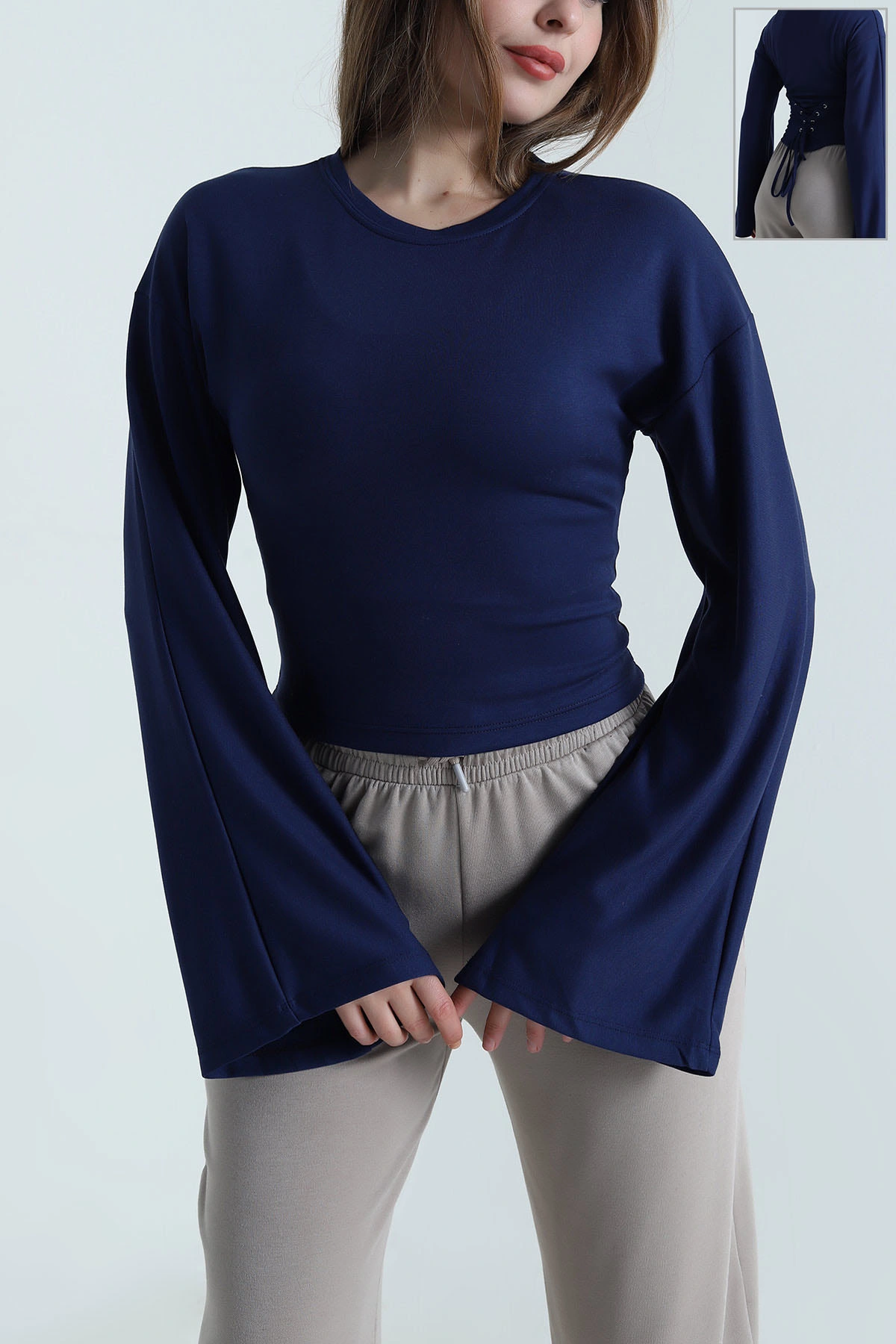 Lacivert Kuş Gözü Bağcıklı Modal Kadın Bluz 494839