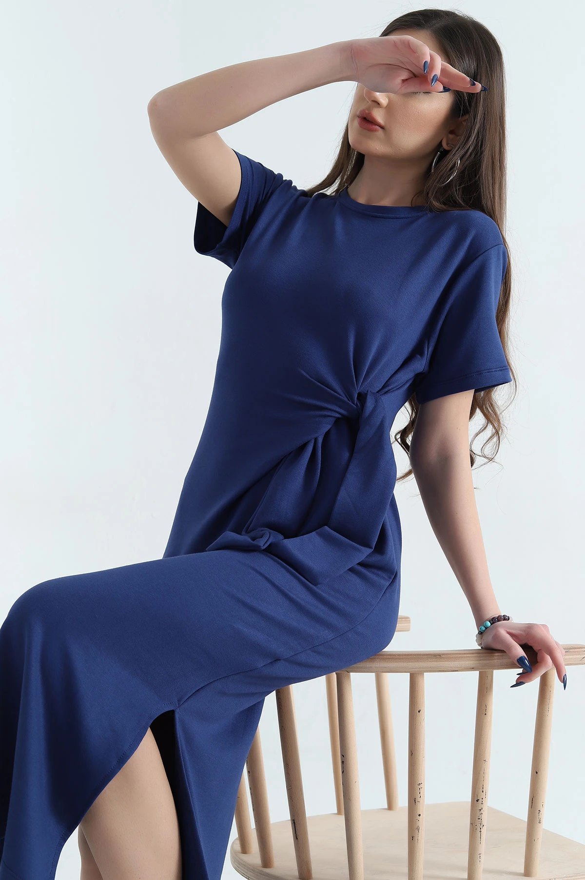 Lacivert Kuşak Detay Kristal Elbise 337800