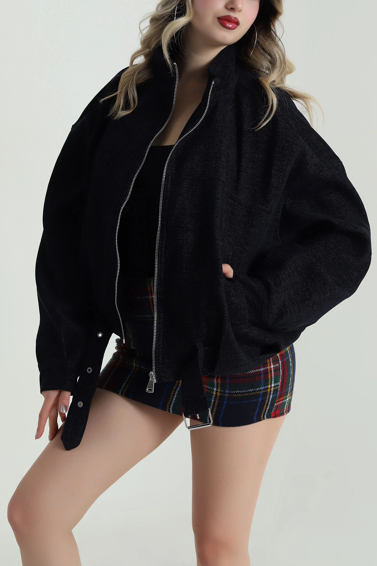 Lacivert Kuşaklı Astarlı Denim Modal Mont 488852