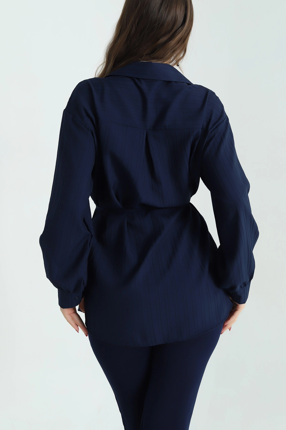 Lacivert Kuşaklı Dokuma Krinkıl Gömlek Tunik 333961