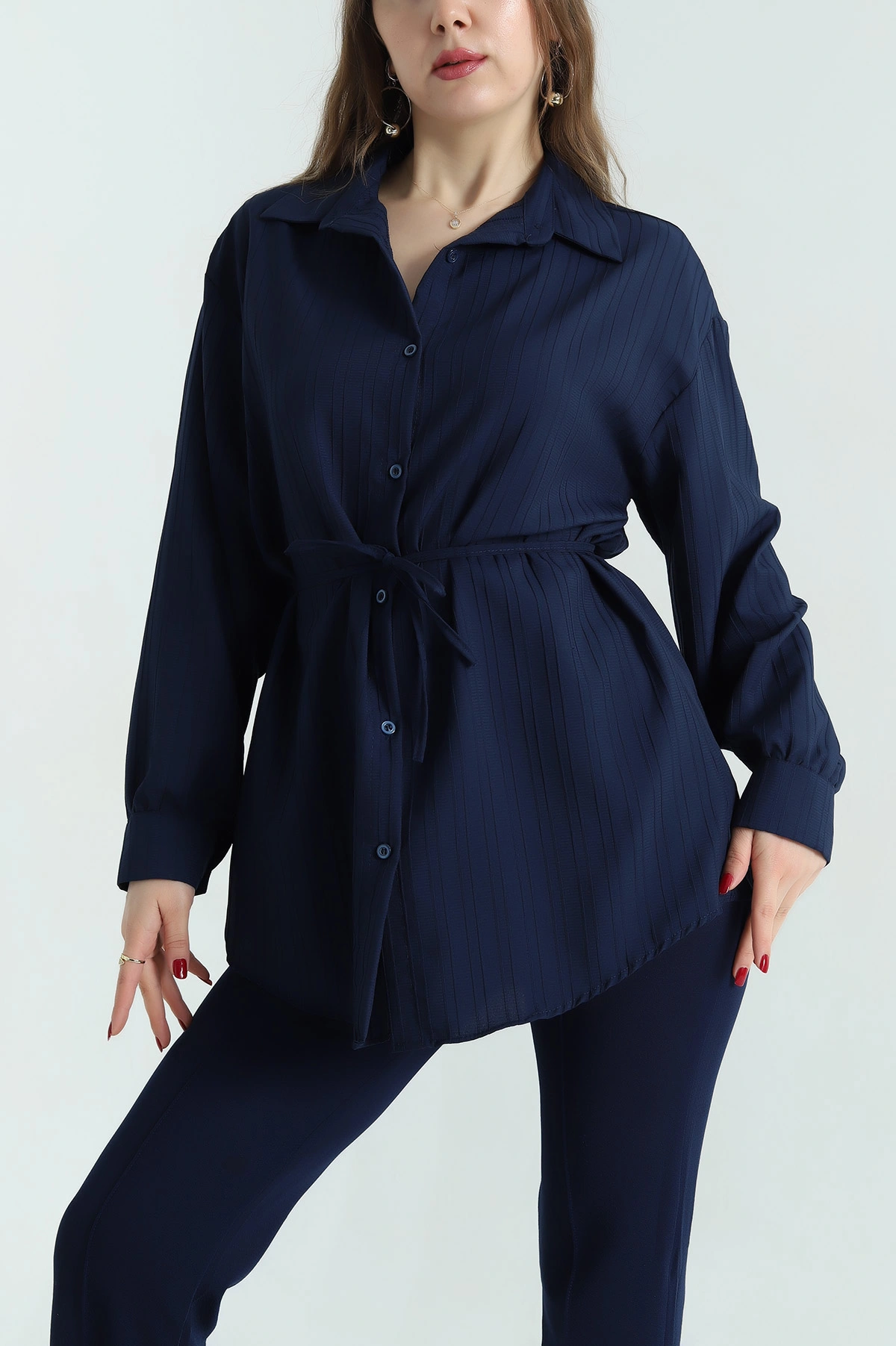 Lacivert Kuşaklı Dokuma Krinkıl Gömlek Tunik 333961