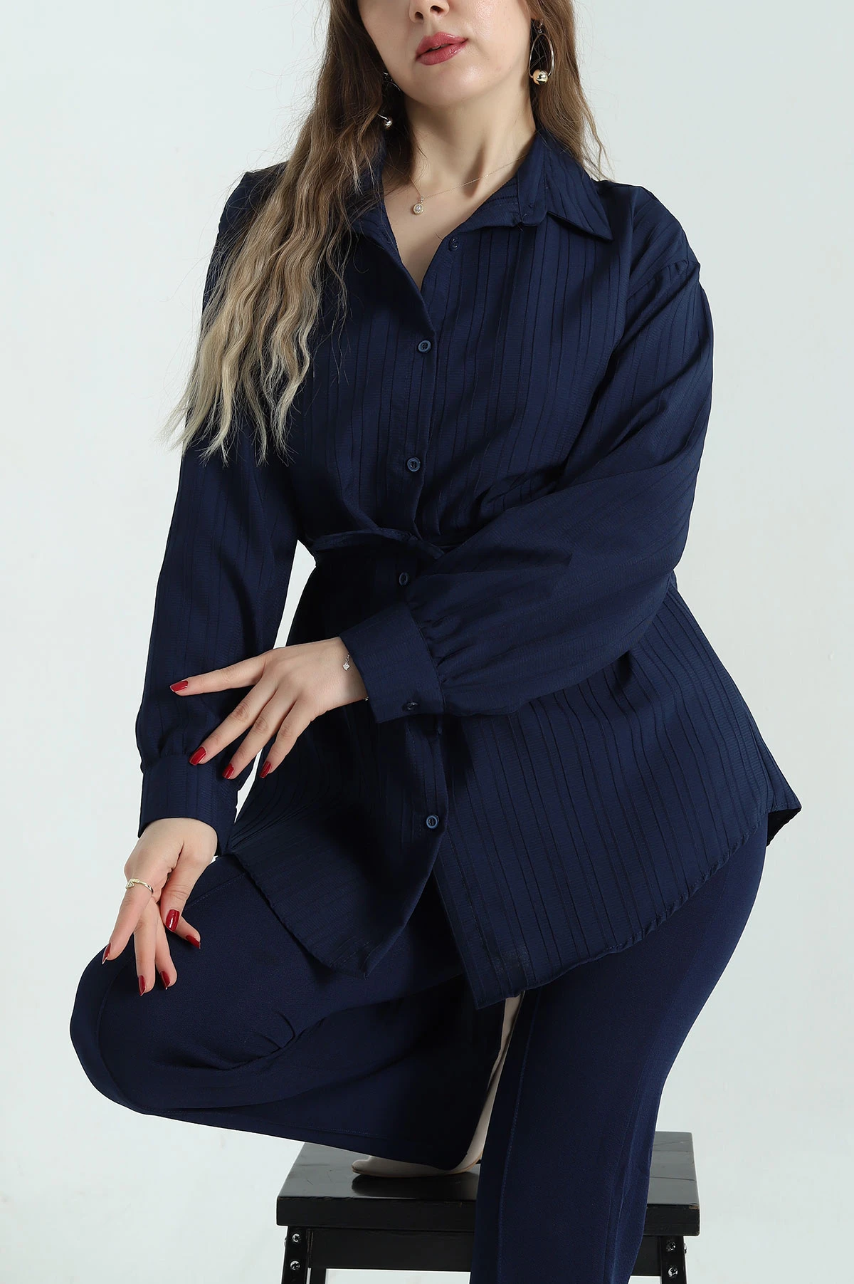 Lacivert Kuşaklı Dokuma Krinkıl Gömlek Tunik 333961