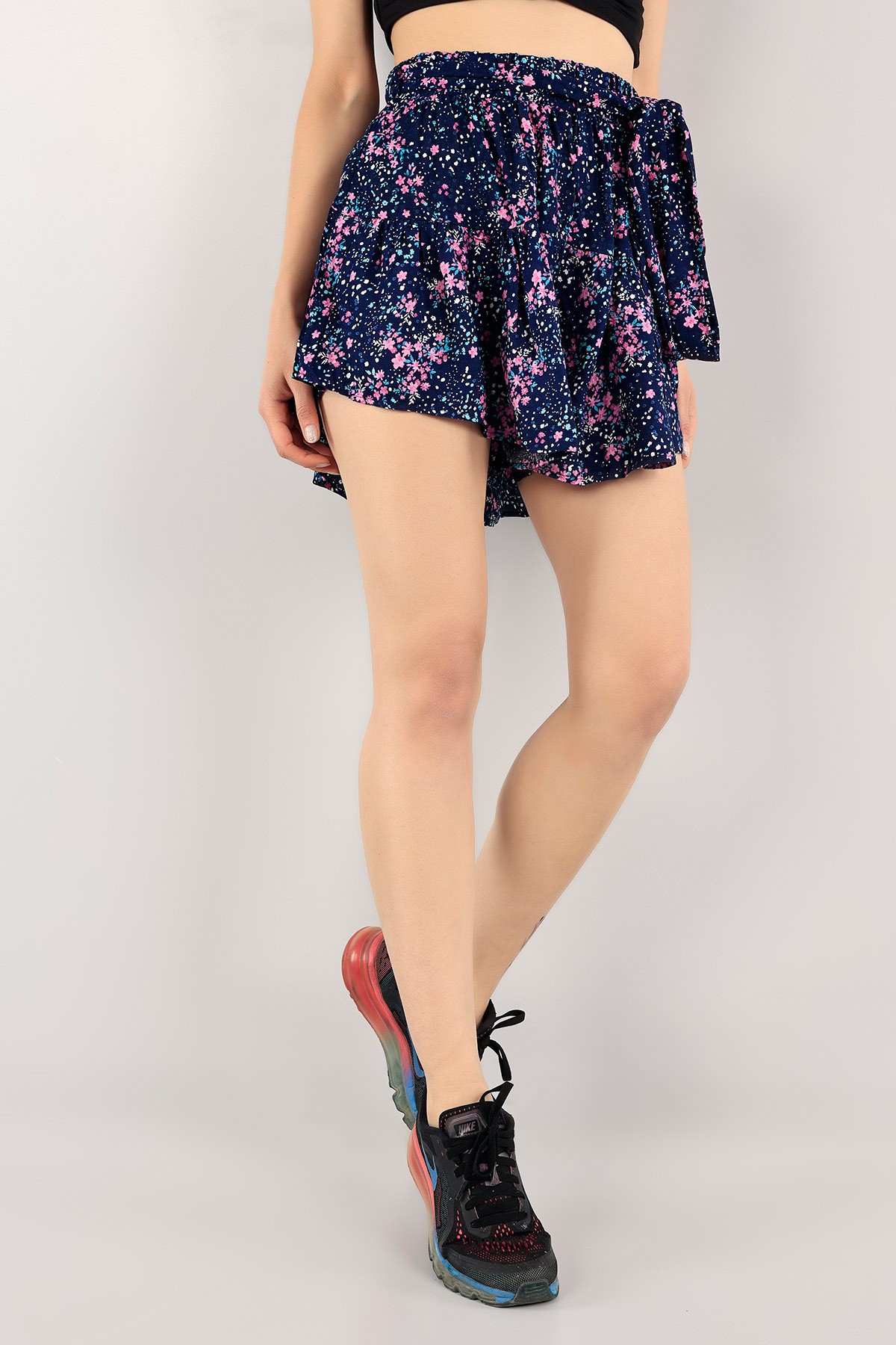 Lacivert Kuşaklı Dokuma Şort Etek 115915