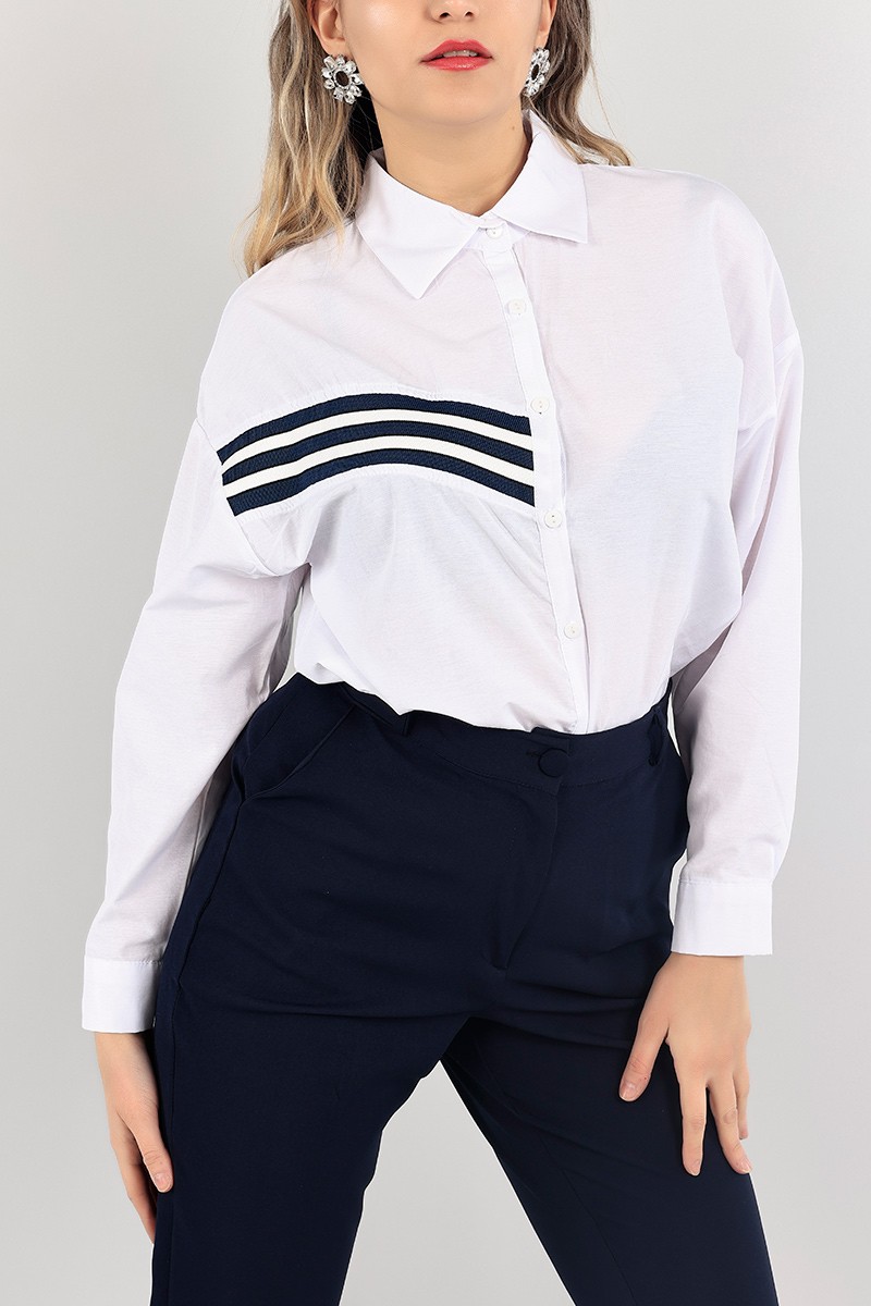 Lacivert Lastik Şeritli Poplin Bayan Gömlek 104242