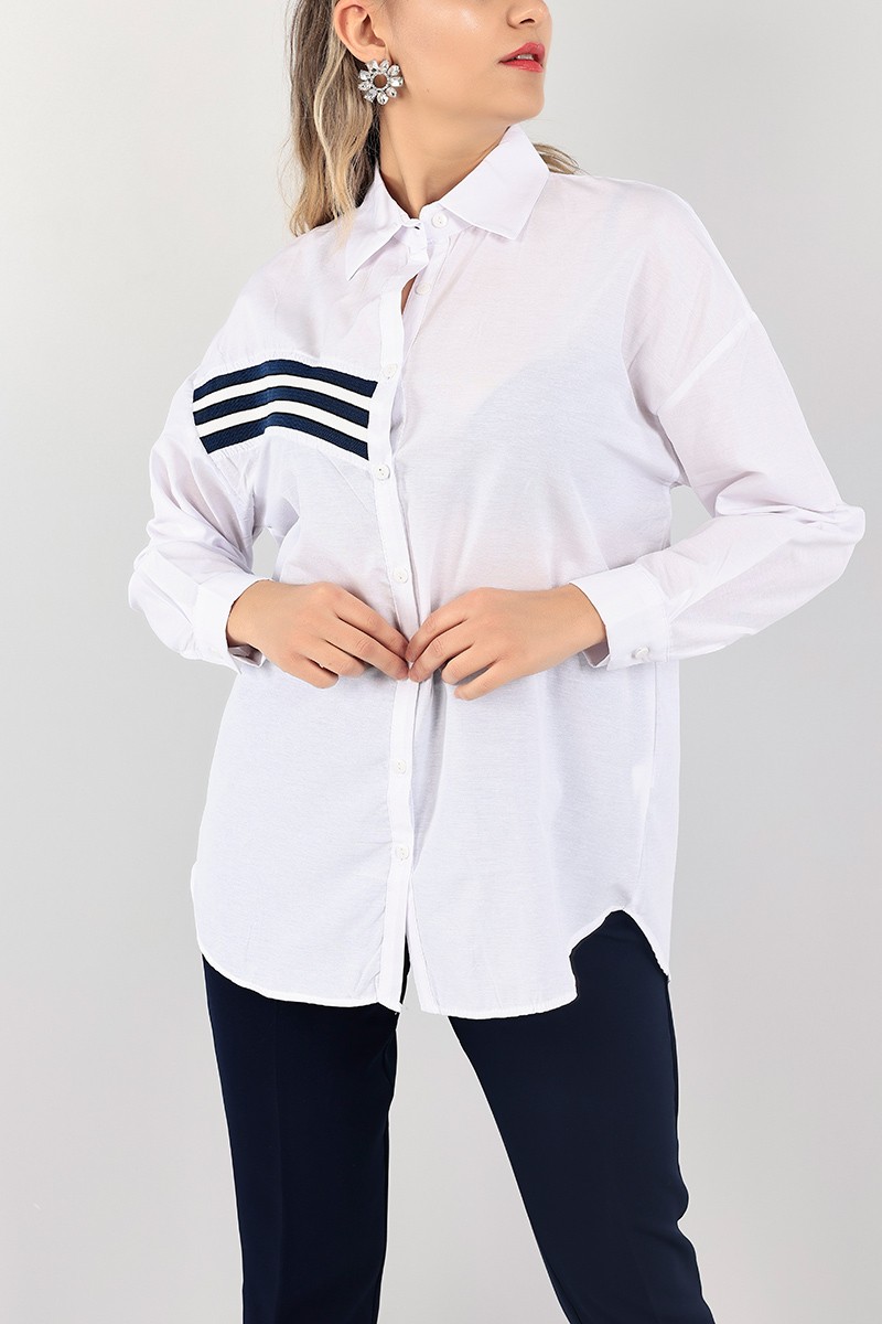 Lacivert Lastik Şeritli Poplin Bayan Gömlek 104242