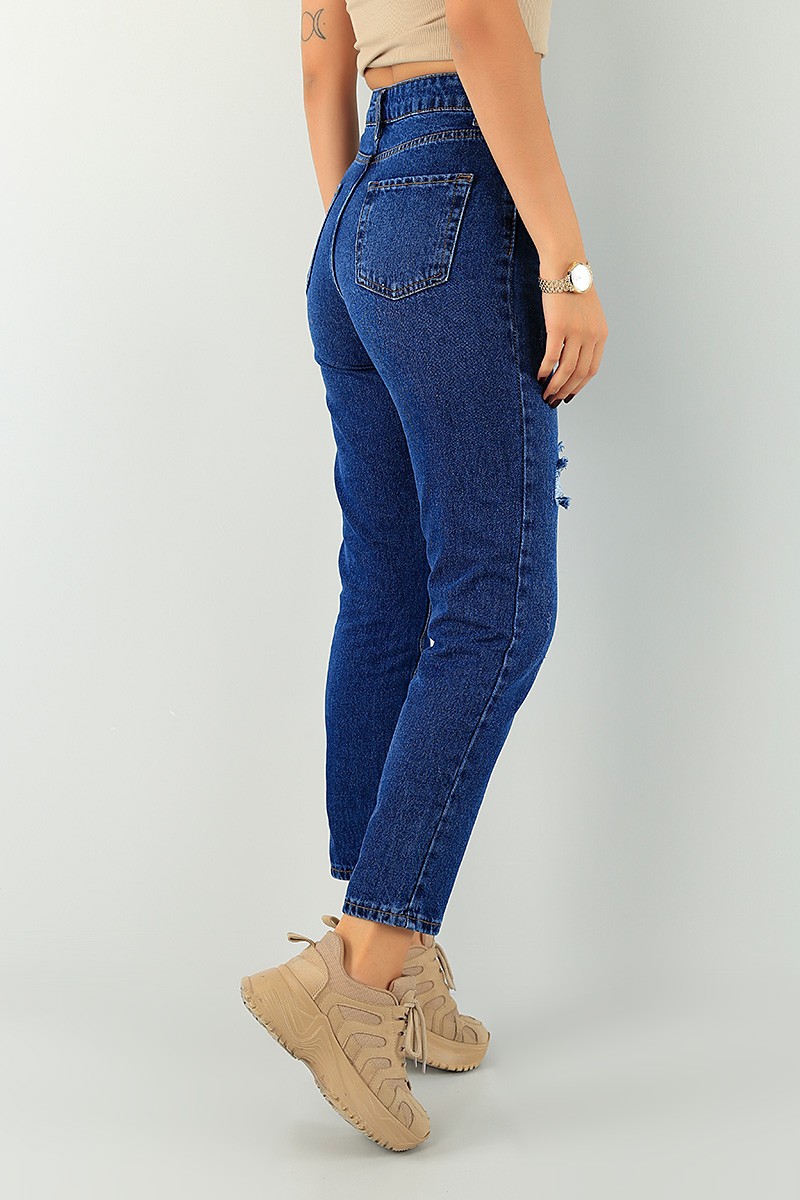 Lacivert Lazer Kesim Bayan Mom Kot Pantolon 74721