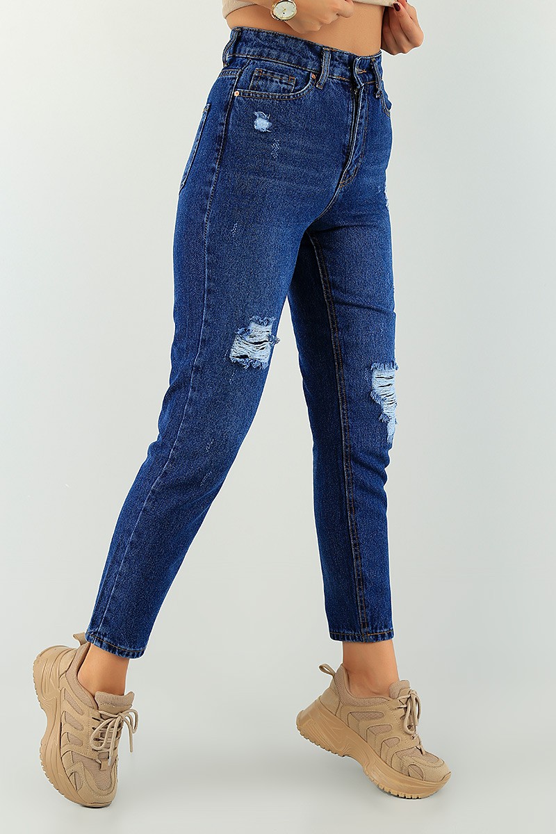 Lacivert Lazer Kesim Bayan Mom Kot Pantolon 74721