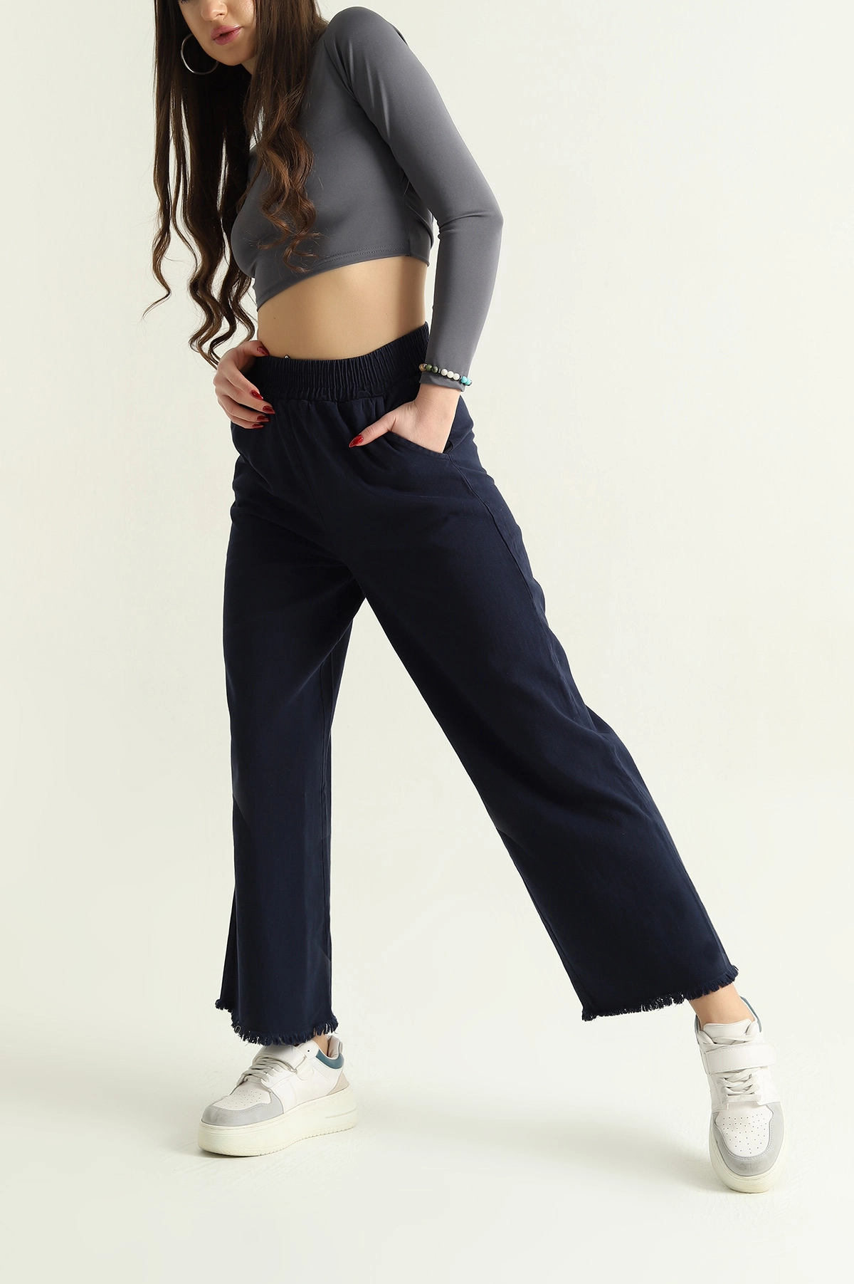 Lacivert Lazer Kesim Bel Lastikli Bayan Gabardin Pantolon 332716