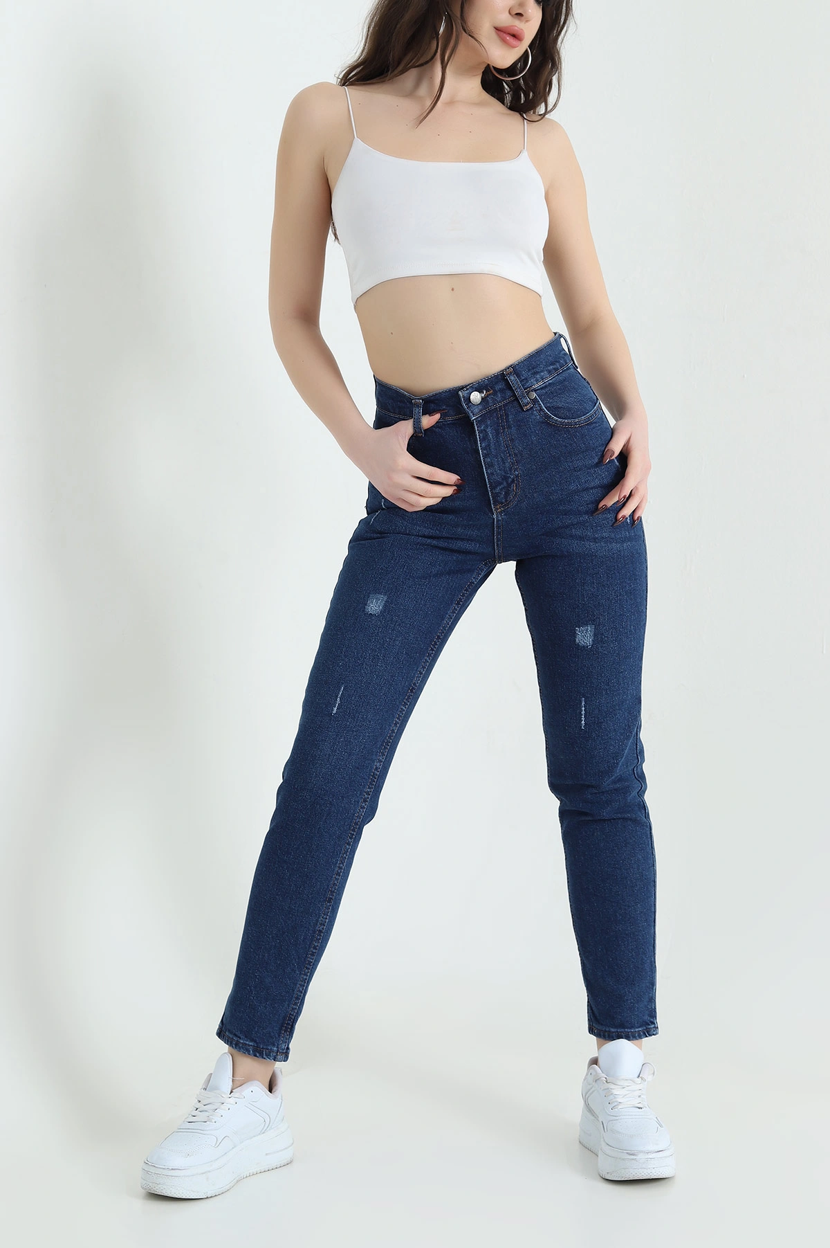 Lacivert Lazer Kesim Comfort Likralı Kadın Kot Pantolonu 432038
