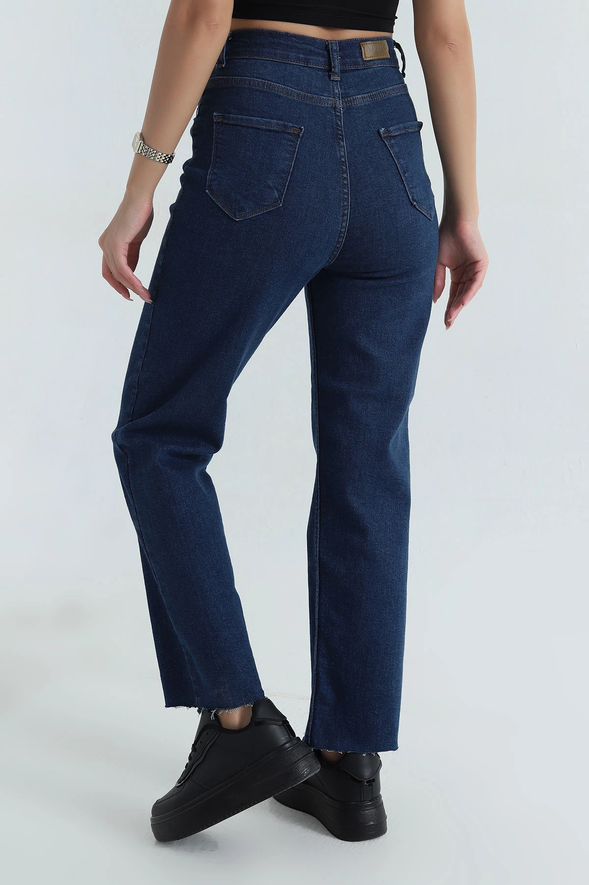 Lacivert Lazer Kesim Likralı Cepli Mom Kadın Kot Pantolon 401088