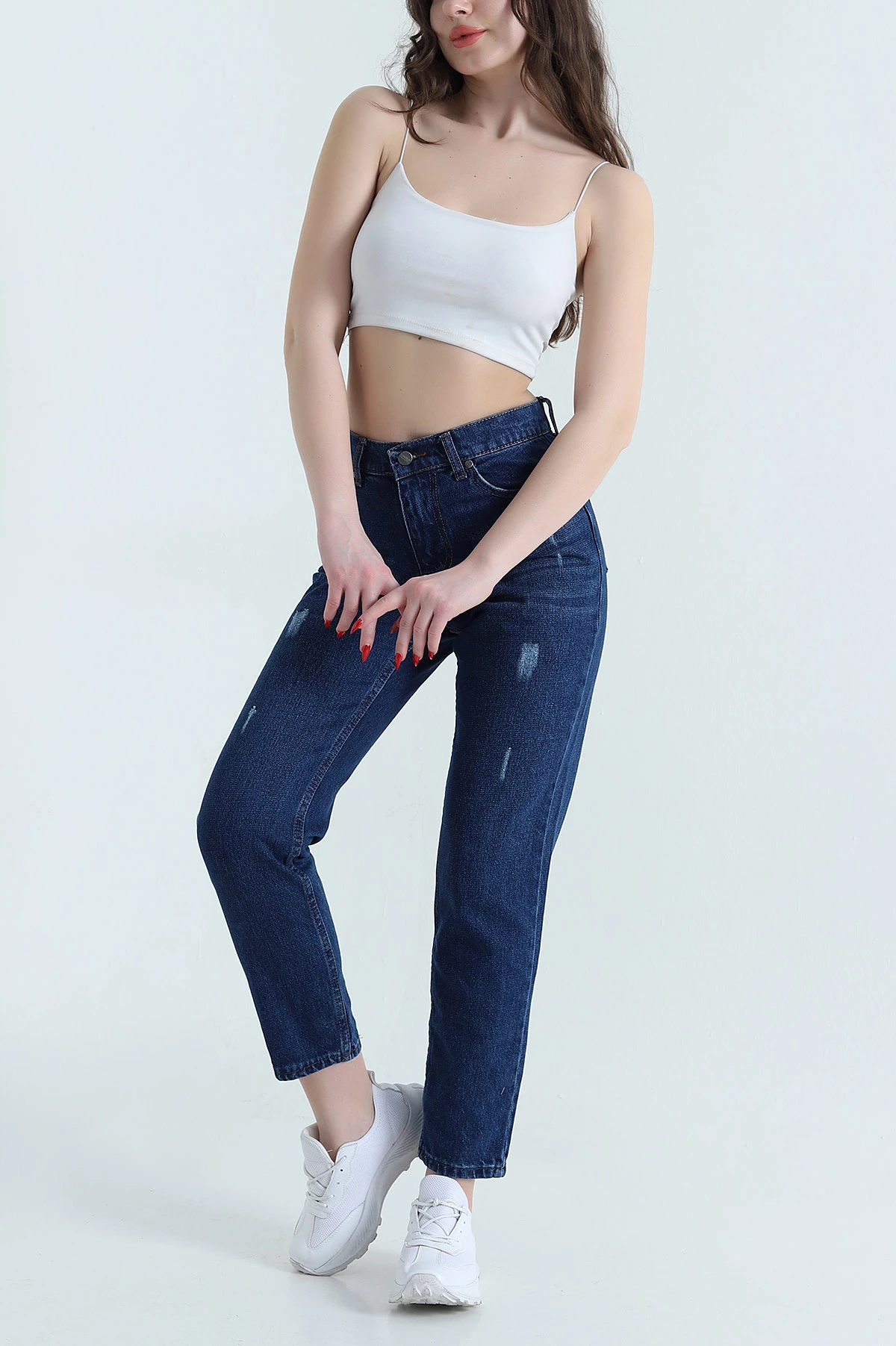Lacivert Lazer Kesim Mom Kadın Kot Pantolon 445171