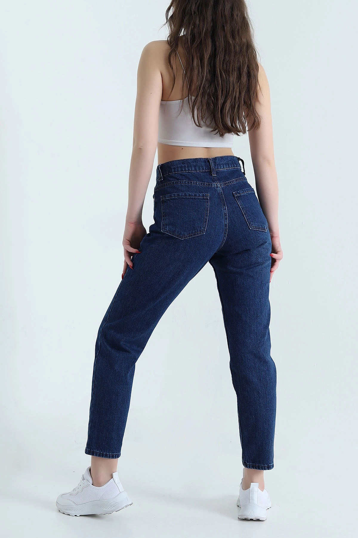 Lacivert Lazer Kesim Mom Kadın Kot Pantolon 445171