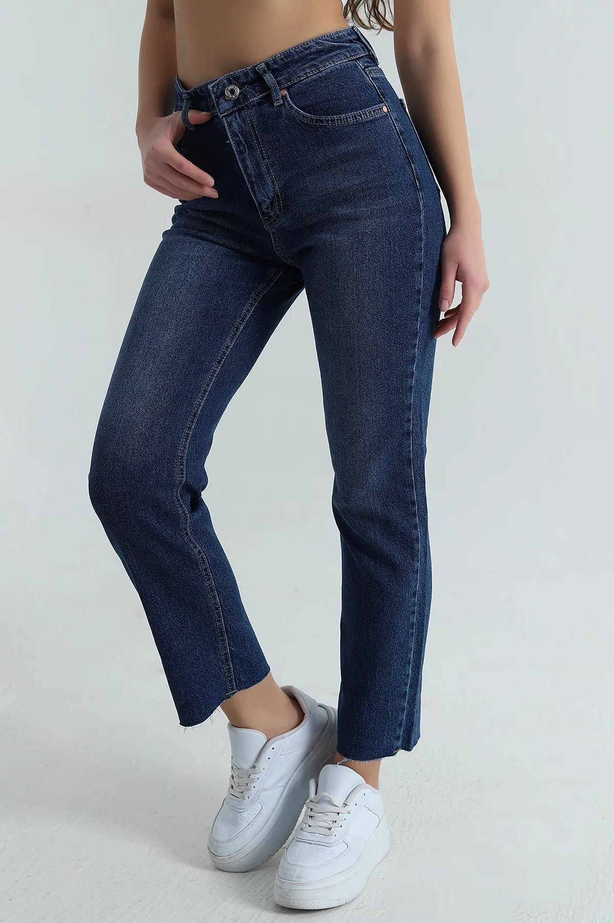 Lacivert Lazer Paça Mom Kadın Kot Pantolon 406311