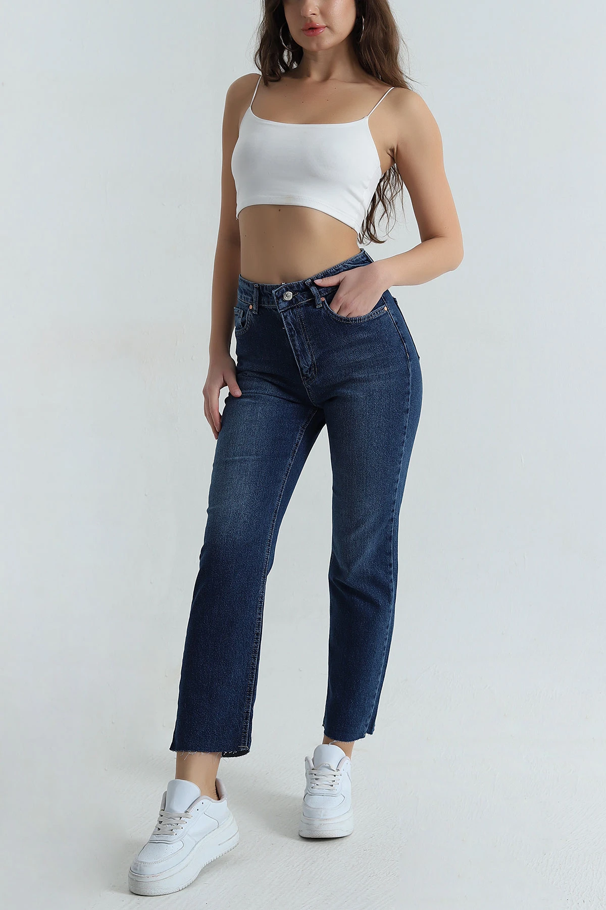 Lacivert Lazer Paça Mom Kadın Kot Pantolon 406311