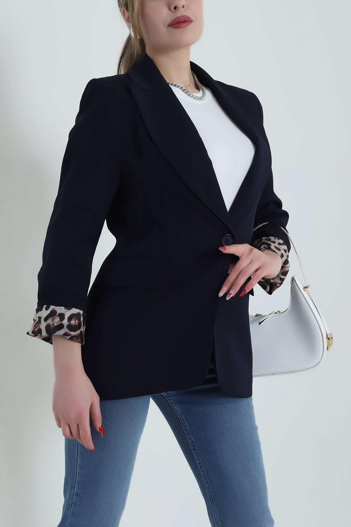 Lacivert Leopar Astarlı Atlas Kadın Ceket 428234
