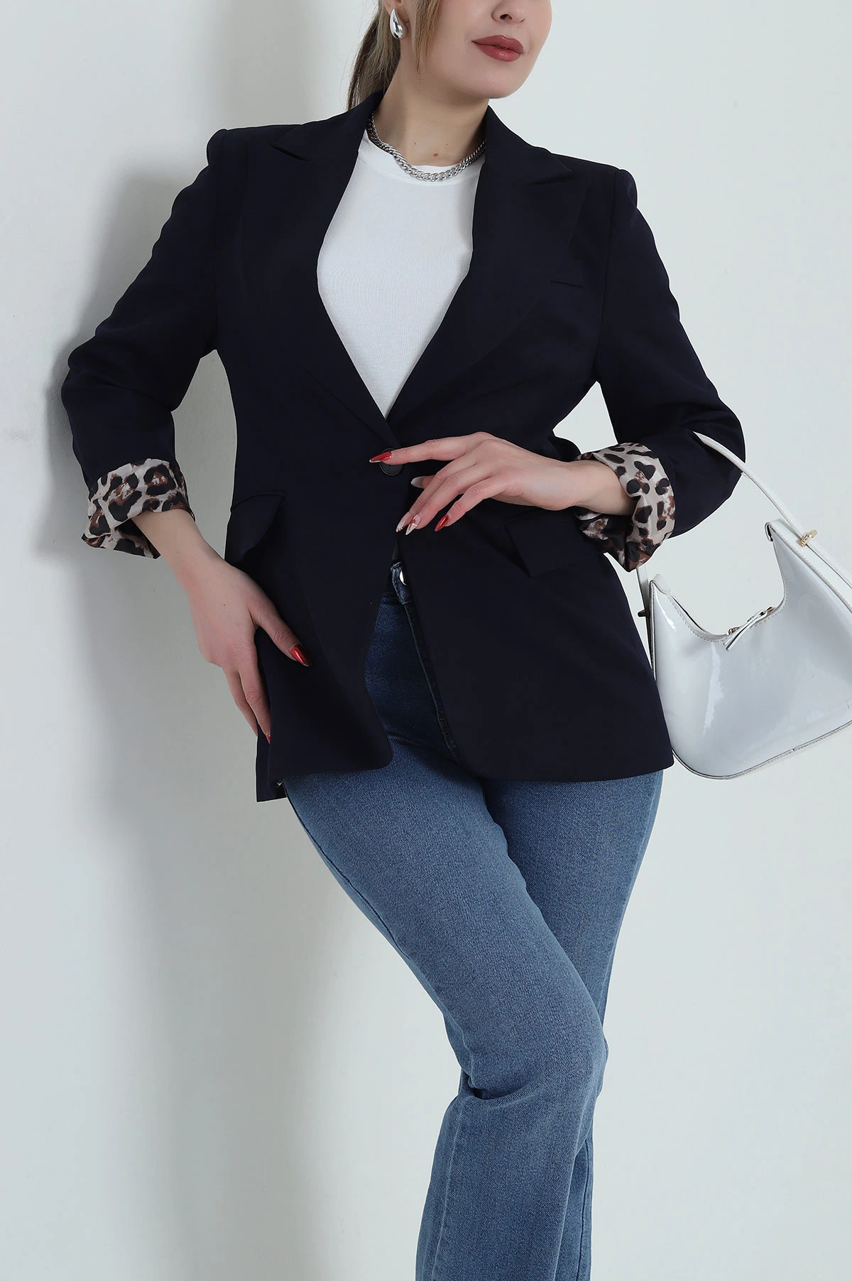 Lacivert Leopar Astarlı Atlas Kadın Ceket 428234