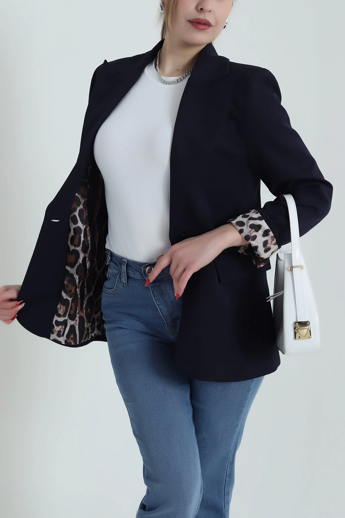 Lacivert Leopar Astarlı Atlas Kadın Ceket 428234