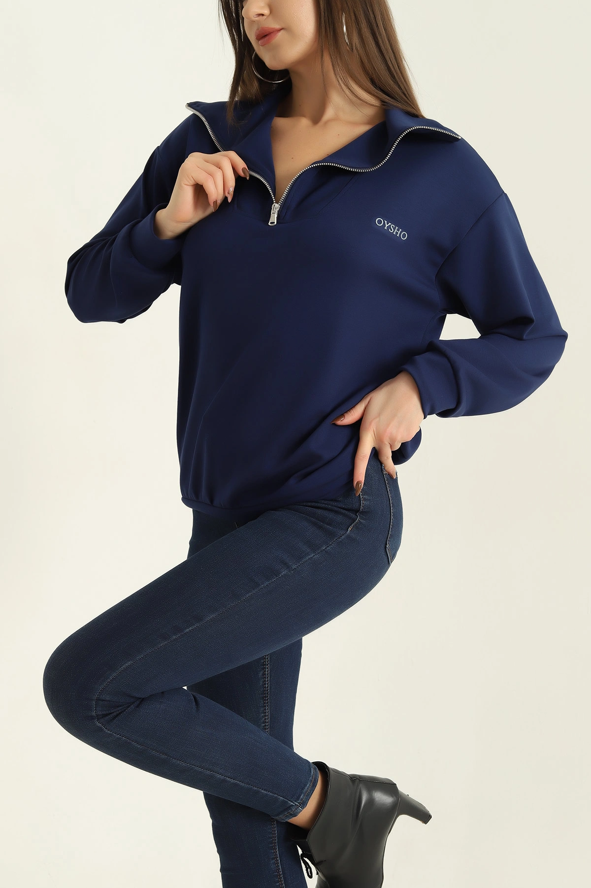 Lacivert Likralı Baskılı Modal Bayan Sweat 327985