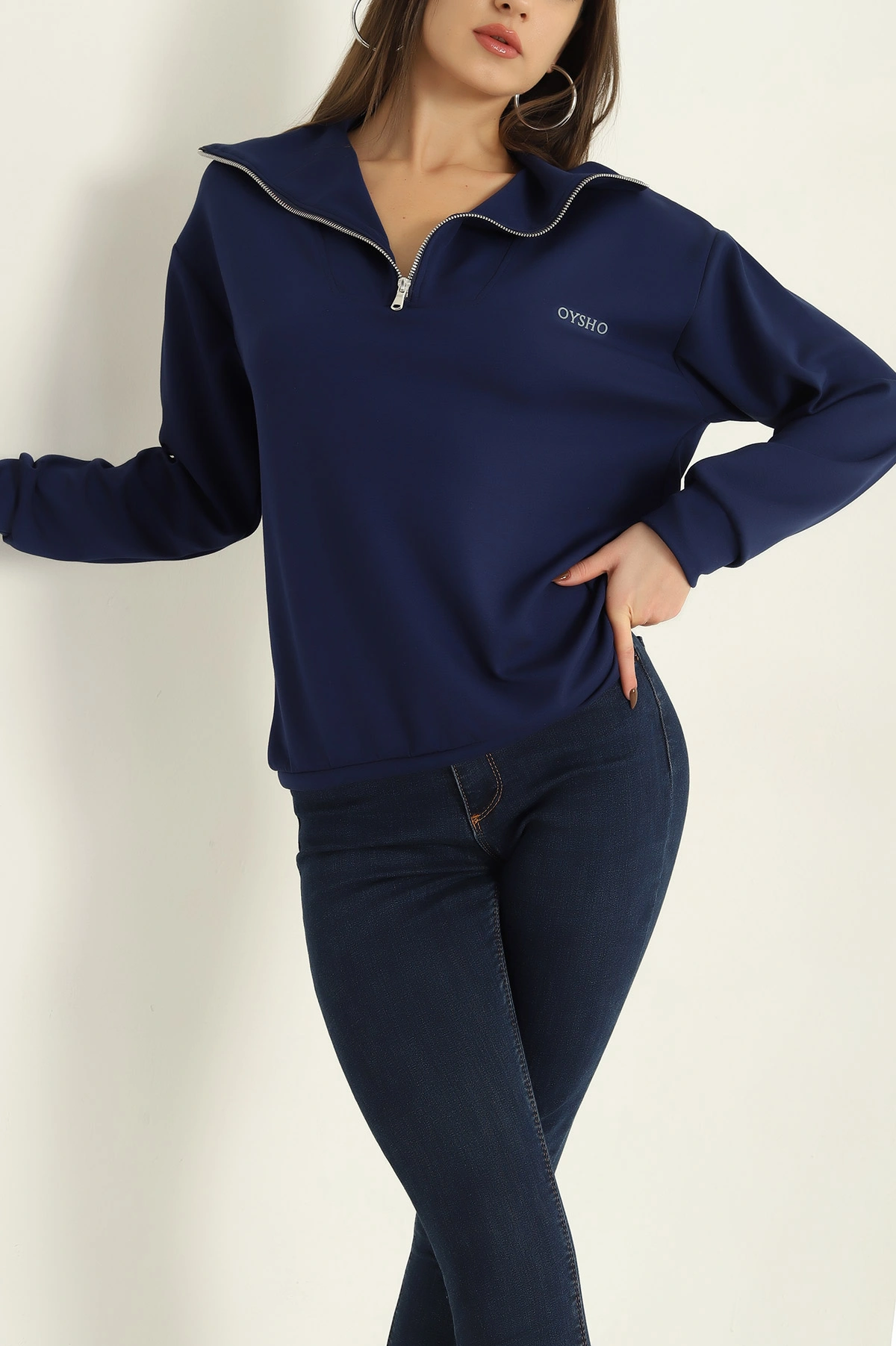 Lacivert Likralı Baskılı Modal Bayan Sweat 327985