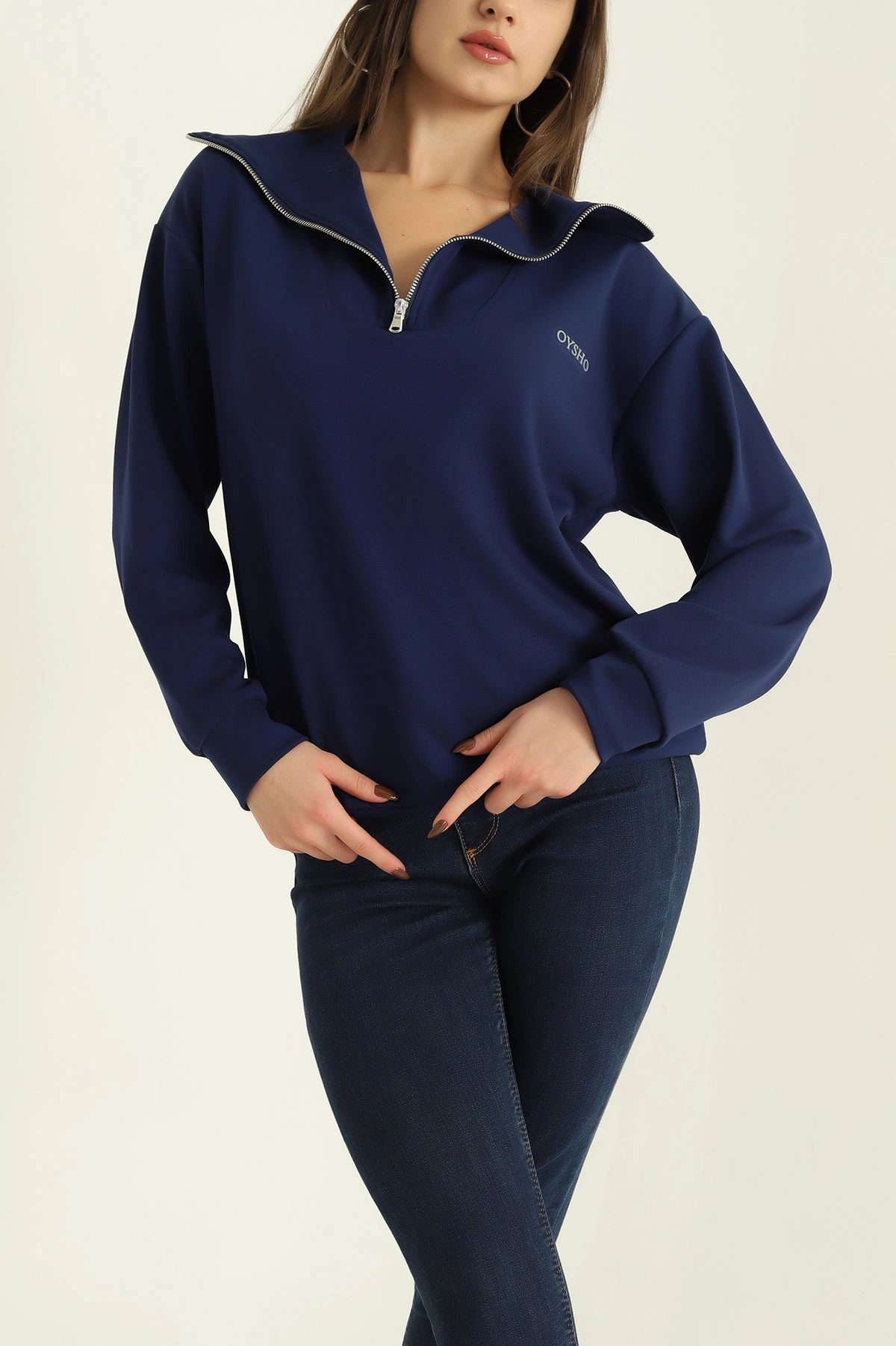 Lacivert Likralı Baskılı Modal Bayan Sweat 327985