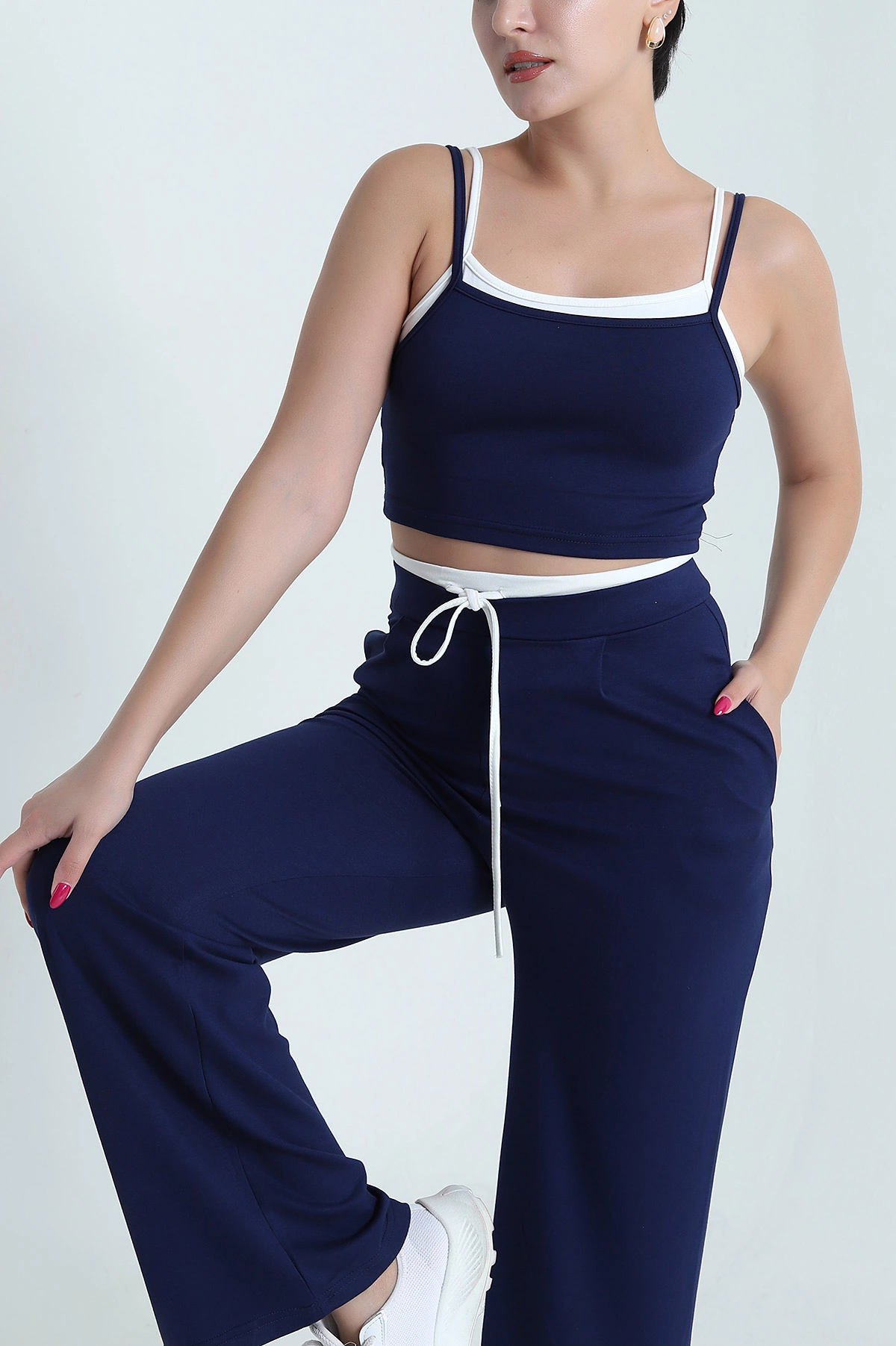 Lacivert Likralı Cepli Crop Pantolon Modal İkili Takım 477804