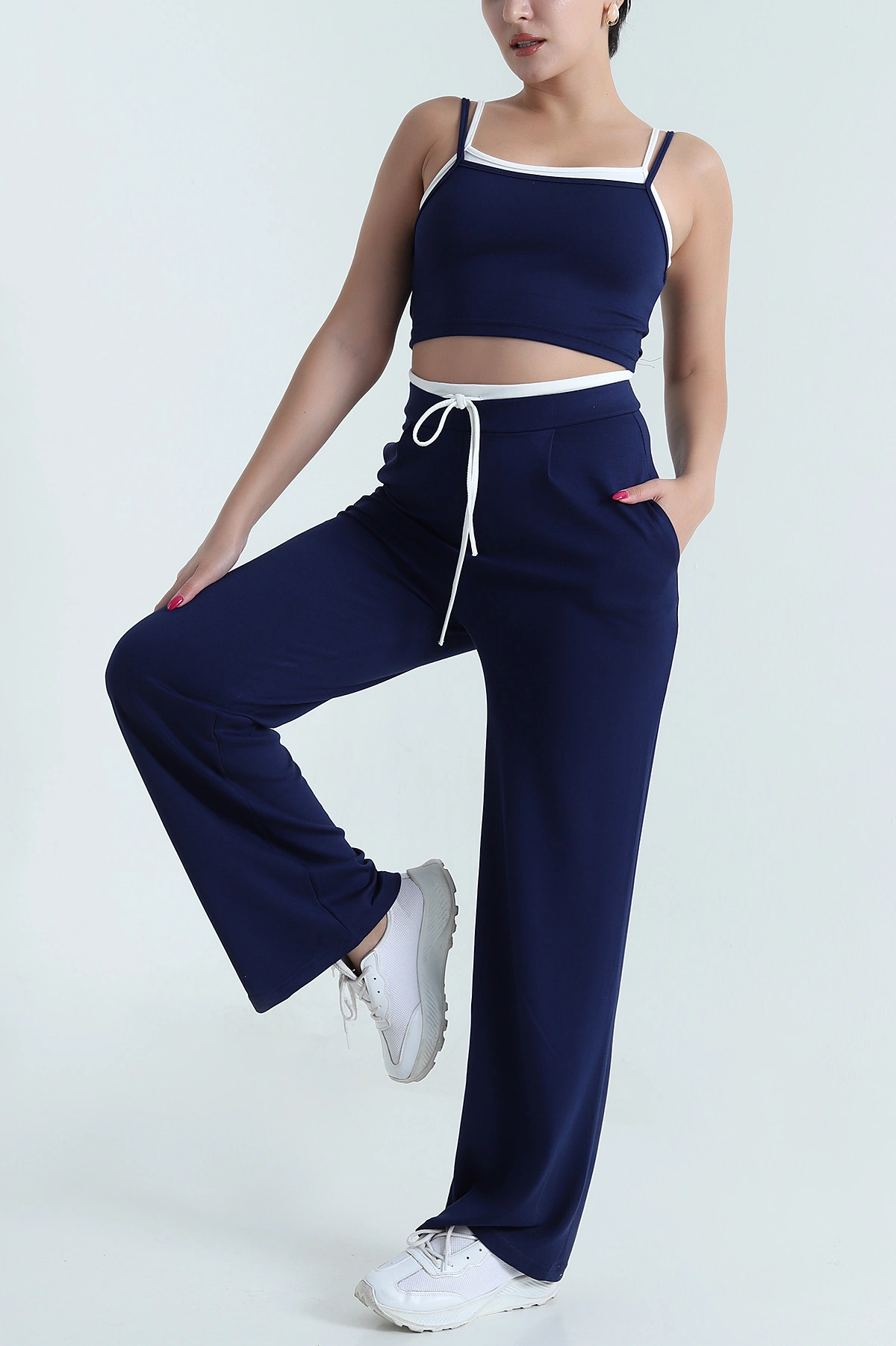 Lacivert Likralı Cepli Crop Pantolon Modal İkili Takım 477804