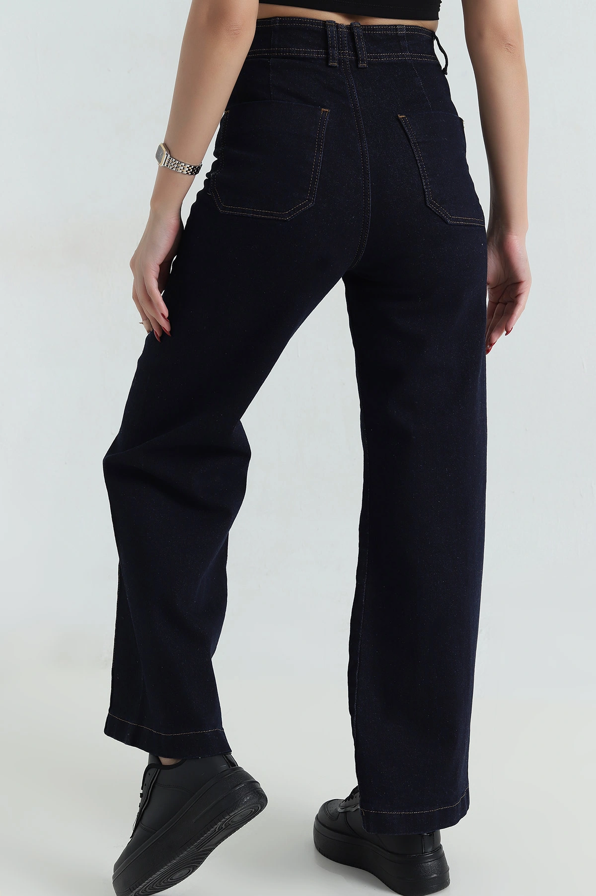Lacivert Likralı Çimalı Baggy Kadın Kot Pantolon 418584