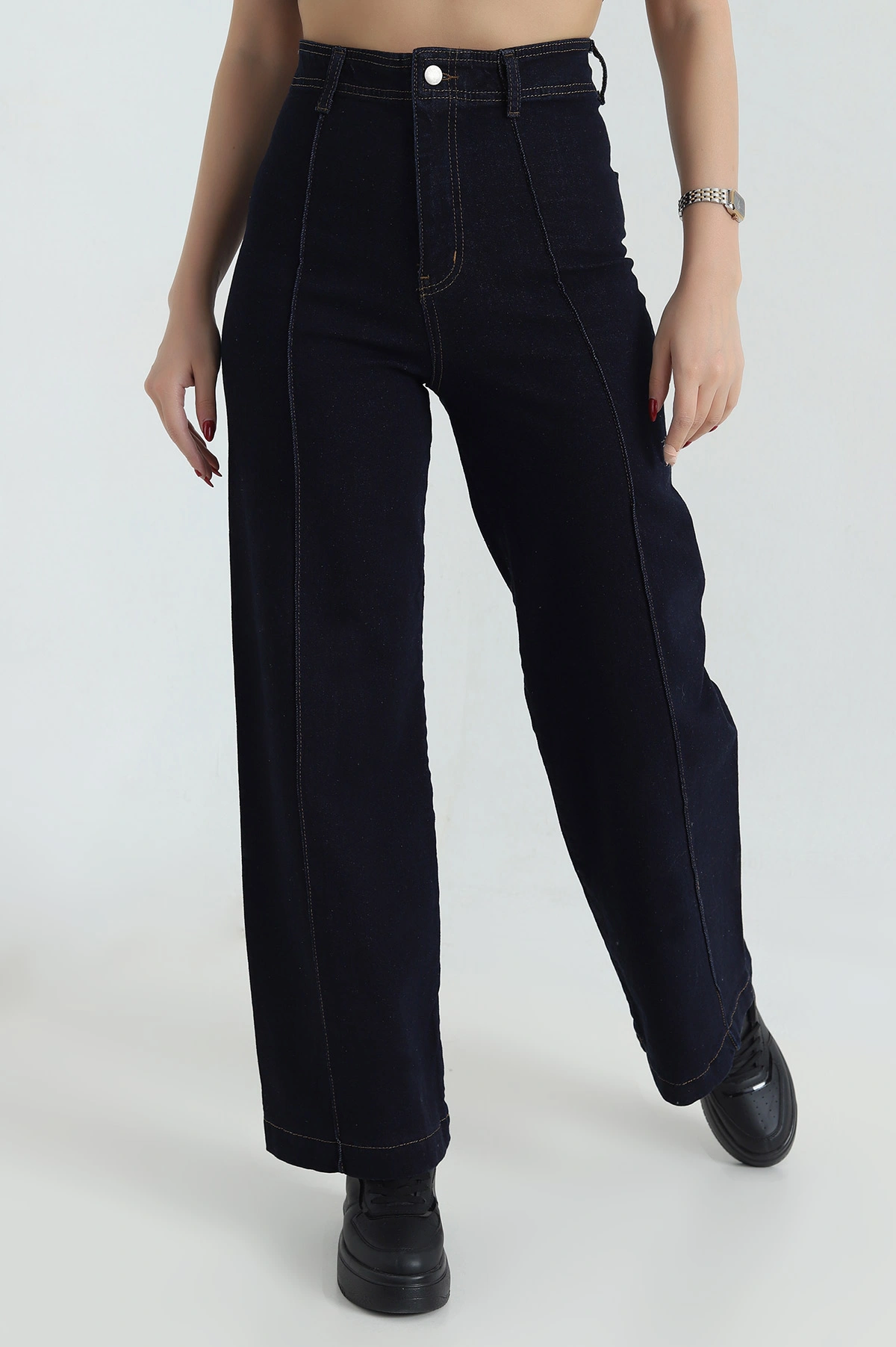 Lacivert Likralı Çimalı Baggy Kadın Kot Pantolon 418584
