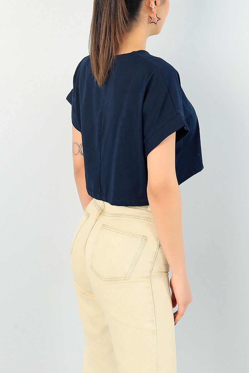 Lacivert Likralı Crop Bayan Tişört 65291