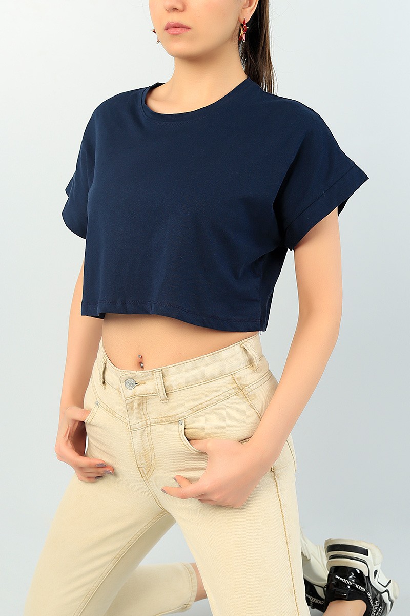 Lacivert Likralı Crop Bayan Tişört 65291