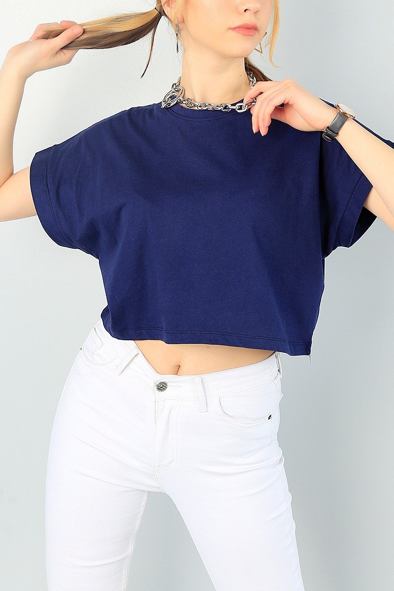 Lacivert Likralı Crop Bayan Tişört 65295